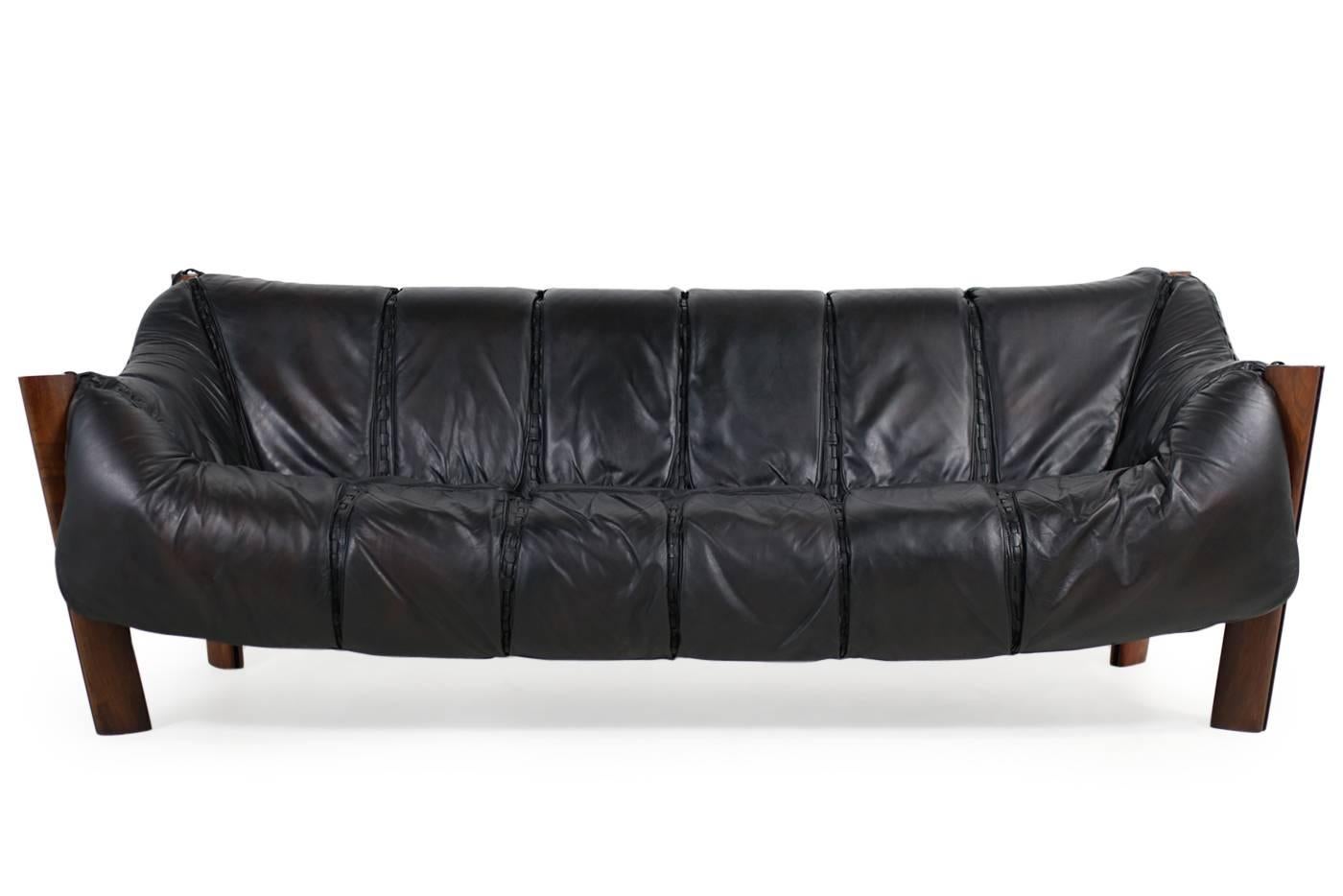 Brazilian Vintage 1970s Percival Lafer Lounge Sofa Jacaranda and Black Leather For Sale 1