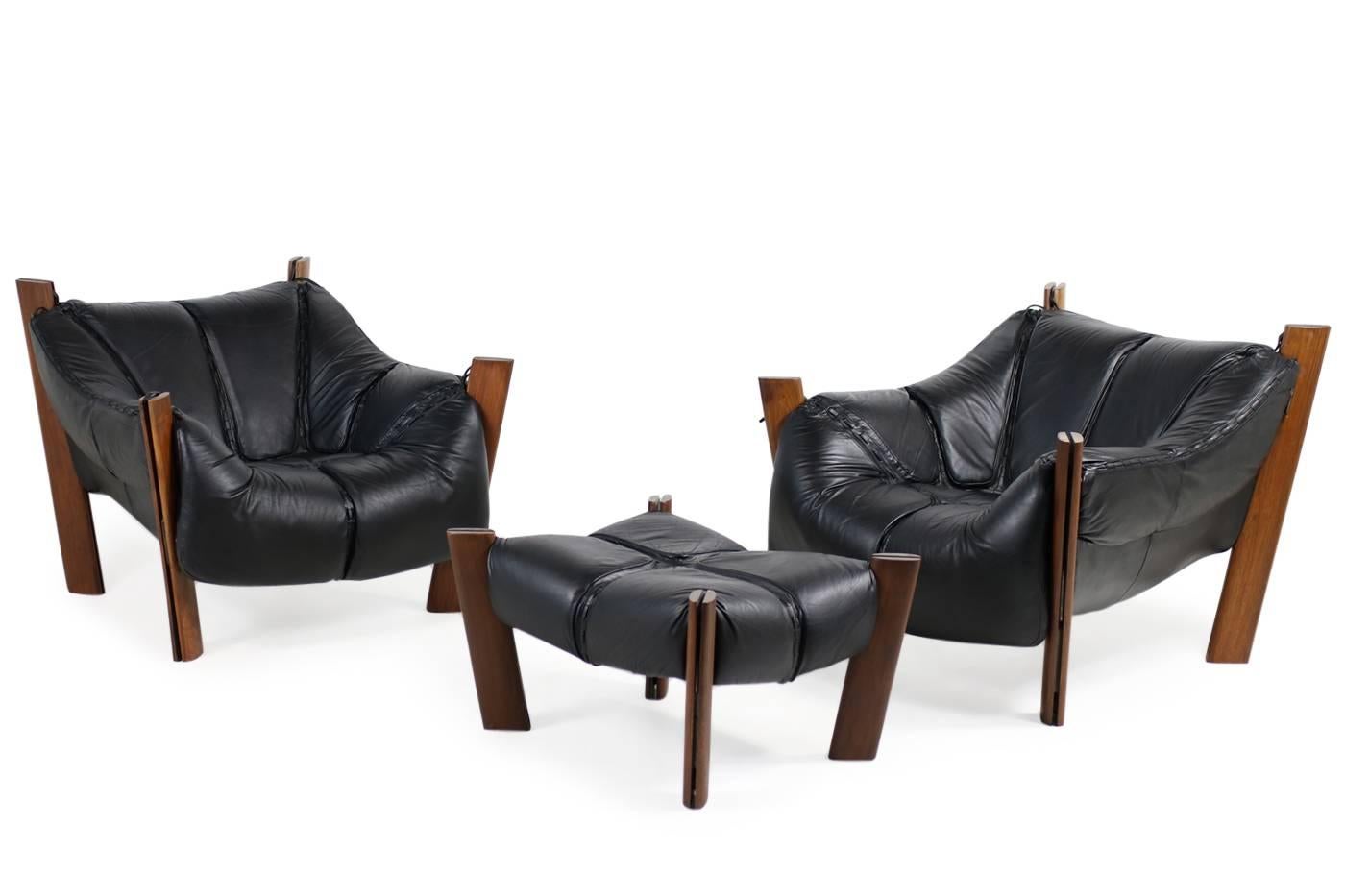 Brazilian 1970s Percival Lafer Lounge Chairs & Ottoman Jacaranda & Black Leather For Sale 5