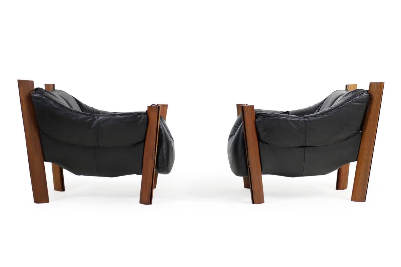 Modern Brazilian 1970s Percival Lafer Lounge Chairs & Ottoman Jacaranda & Black Leather For Sale