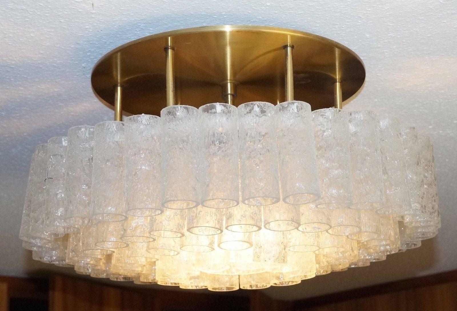 Mid-Century Modern Large 1960s Doria Glass Tube Chandelier with Brass, Flush Mount, Made in Germany