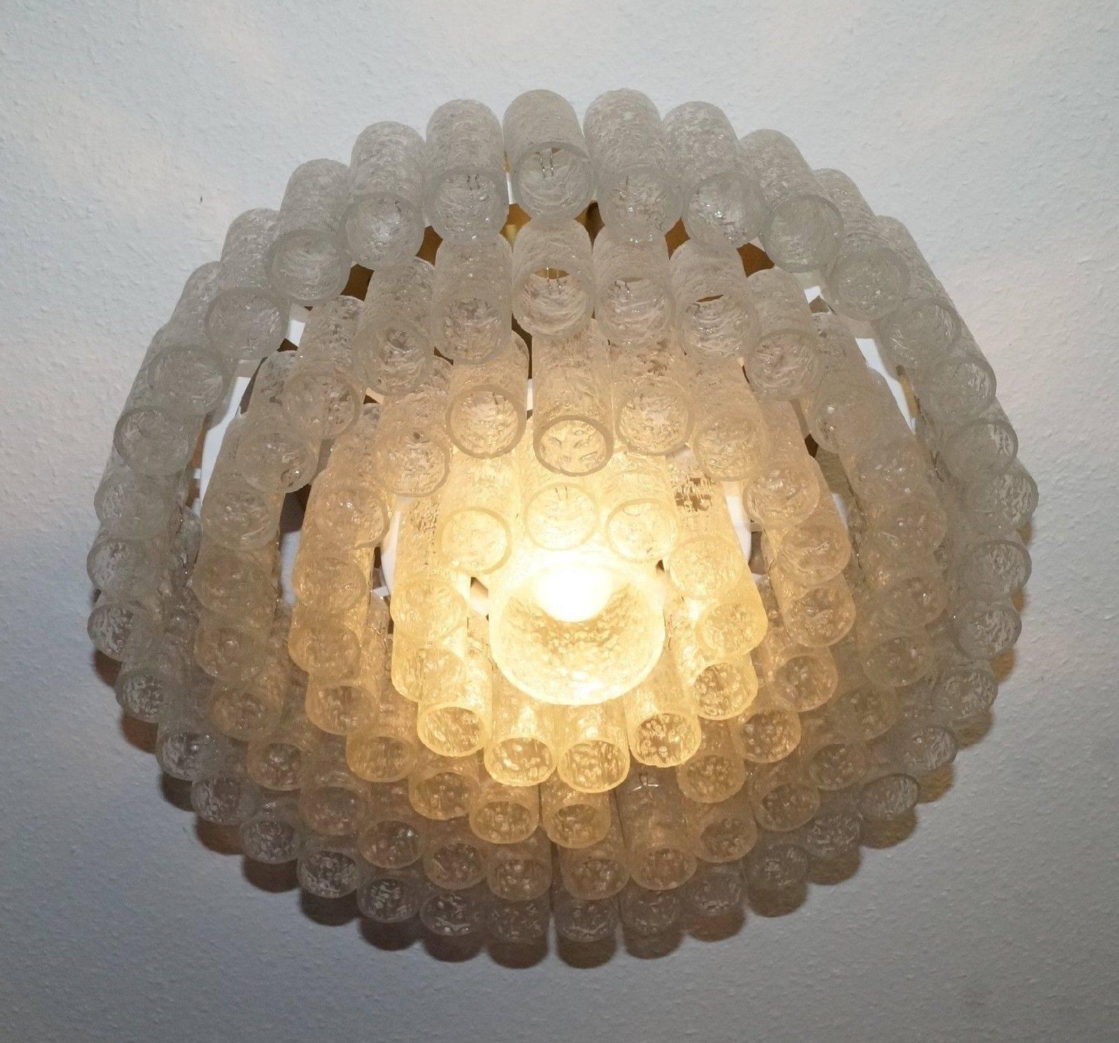 Mid-20th Century Large 1960s Doria Glass Tube Chandelier with Brass, Flush Mount, Made in Germany