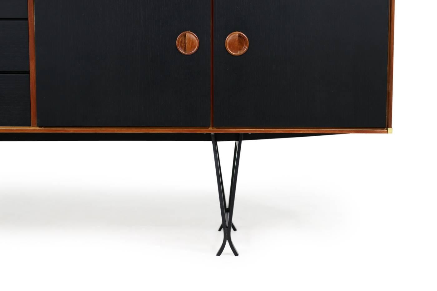 Mid-Century Modern Large 1960s Teak & Black Sideboard by Fristho with Iron Base and Brass Details For Sale