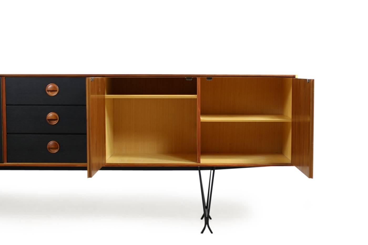Metal Large 1960s Teak & Black Sideboard by Fristho with Iron Base and Brass Details For Sale