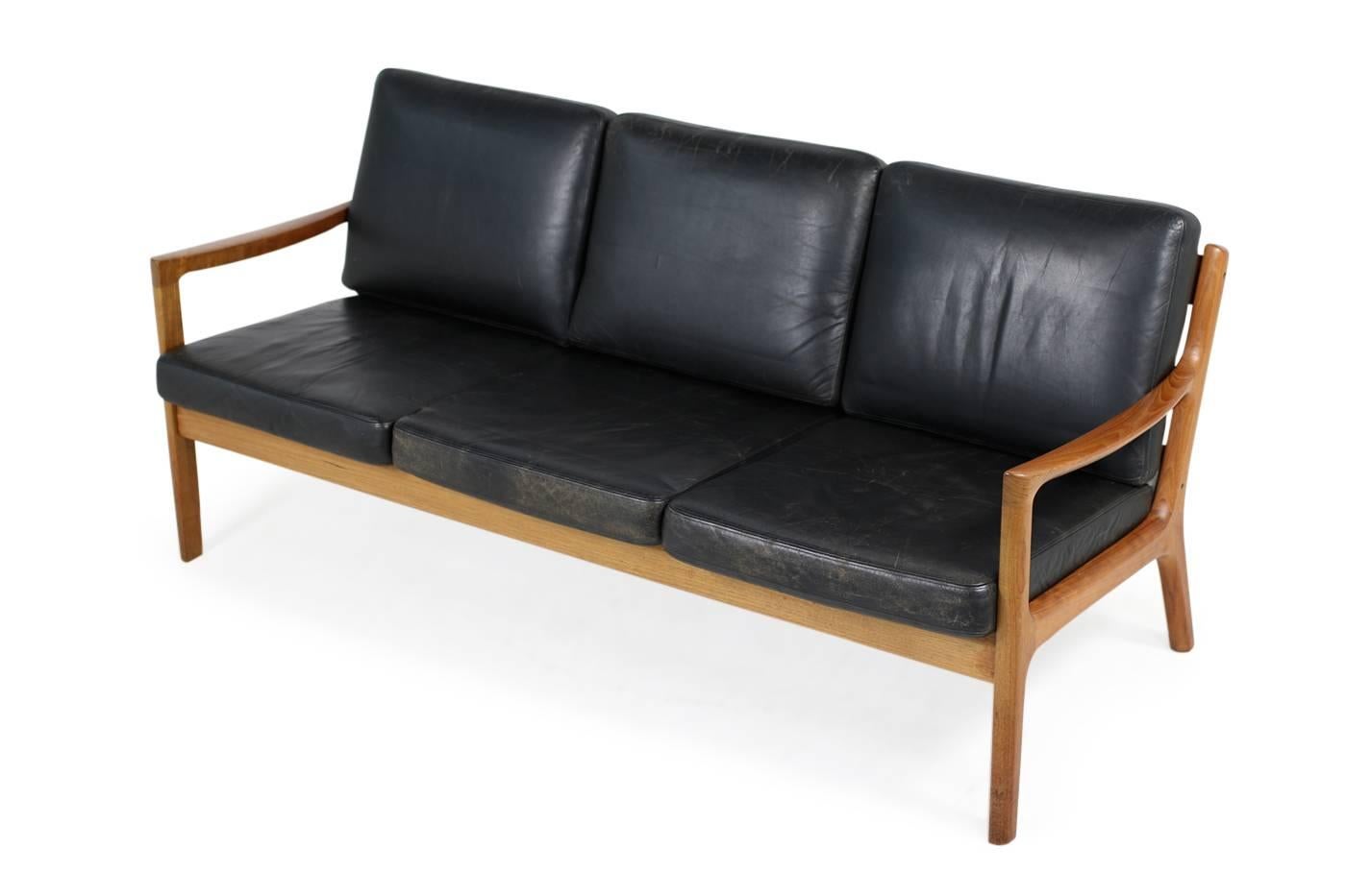 1960s Danish Modern Vintage Sofa by Ole Wanscher in Teak and Black Leather 2