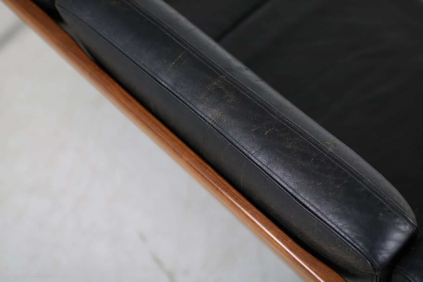 Mid-Century Modern 1960s Danish Modern Vintage Sofa by Ole Wanscher in Teak and Black Leather