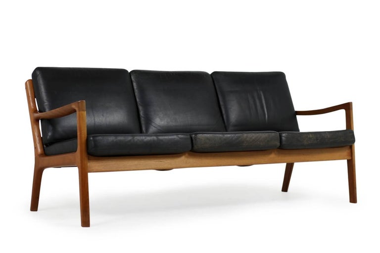 1960s Danish Modern Vintage Sofa By Ole Wanscher In Teak And Black Leather