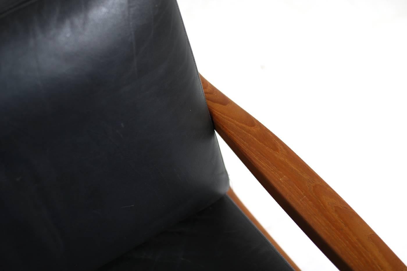 Mid-20th Century 1960s Danish Modern Vintage Sofa by Ole Wanscher in Teak and Black Leather