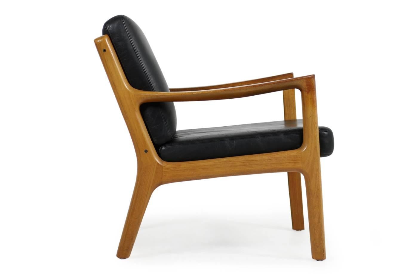 Pair of 1960s, Danish Vintage Lounge Chairs Ole Wanscher Teak and Black Leather 2