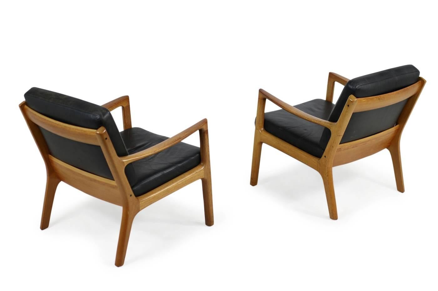 Pair of 1960s, Danish Vintage Lounge Chairs Ole Wanscher Teak and Black Leather 1