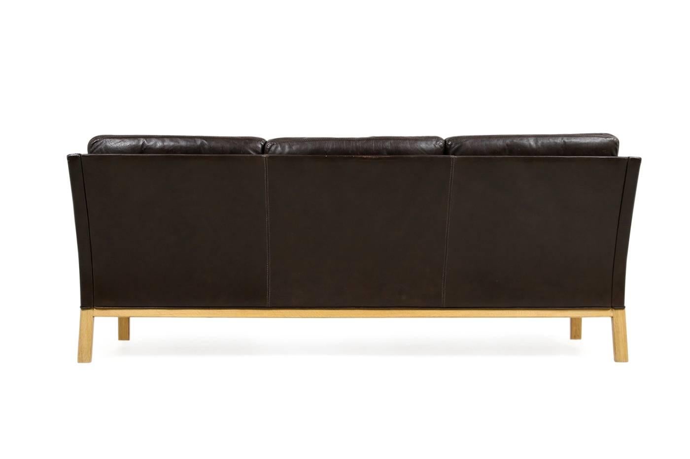 Danish 1960s Kai Lyngfeldt Larsen Oak & Leather Lounge Sofa Dark Brown Soren Willadsen For Sale
