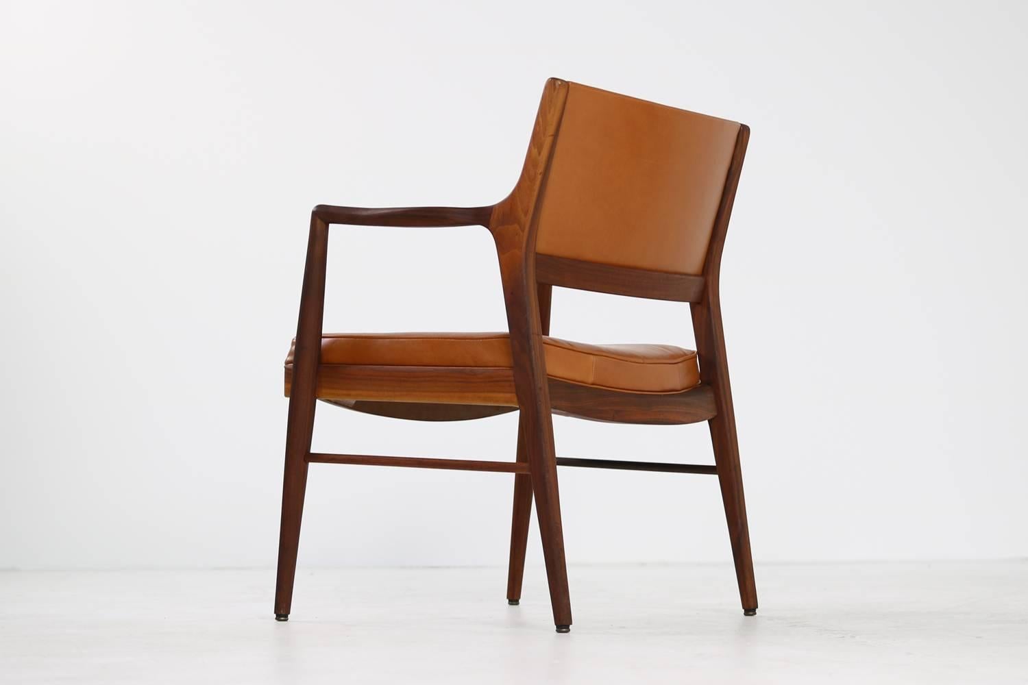 Danish Pair of 1960s Solid American Walnut & Cognac Leather Lounge Chairs, MI 1961 U.S.
