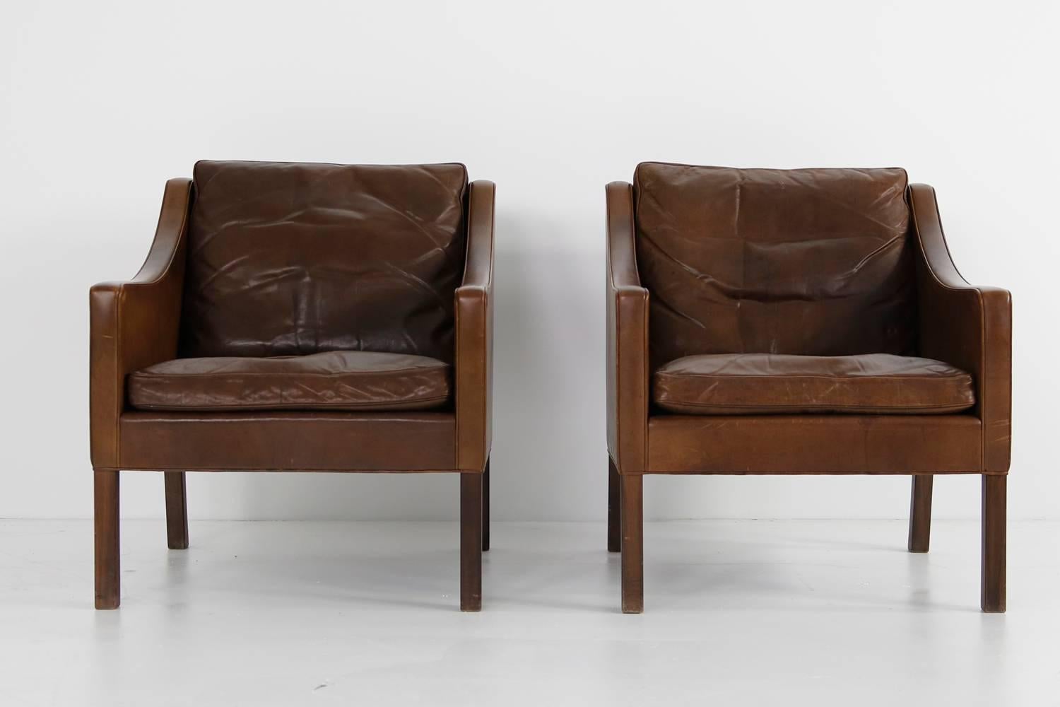 Pair of 1960s Borge Mogensen Mod. 2207 Leather Lounge Chairs, Danish Modern 1