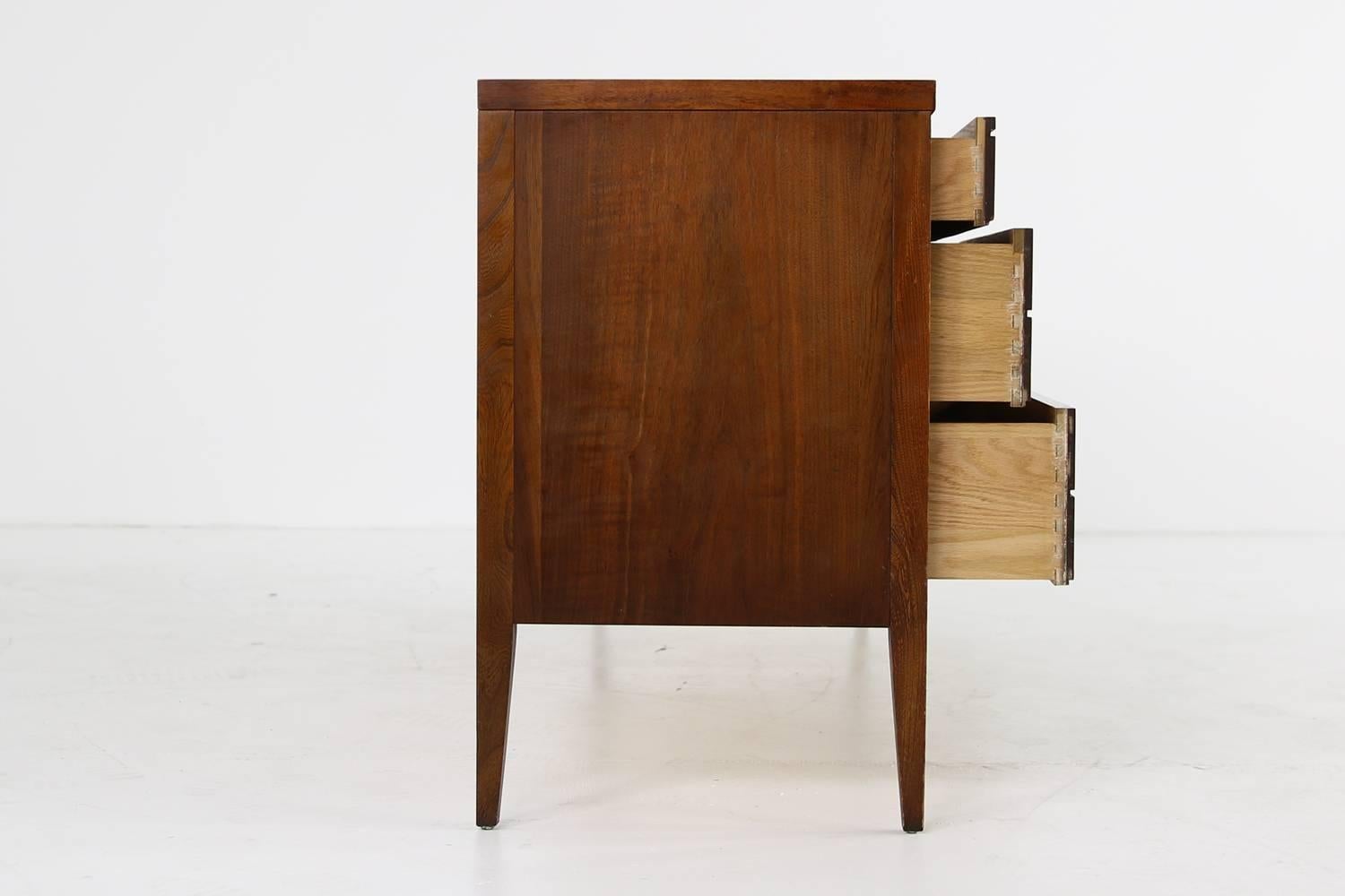 Metal 1950s American Walnut Sideboard, Chest of Six Drawers, Mid-Century Modern Design
