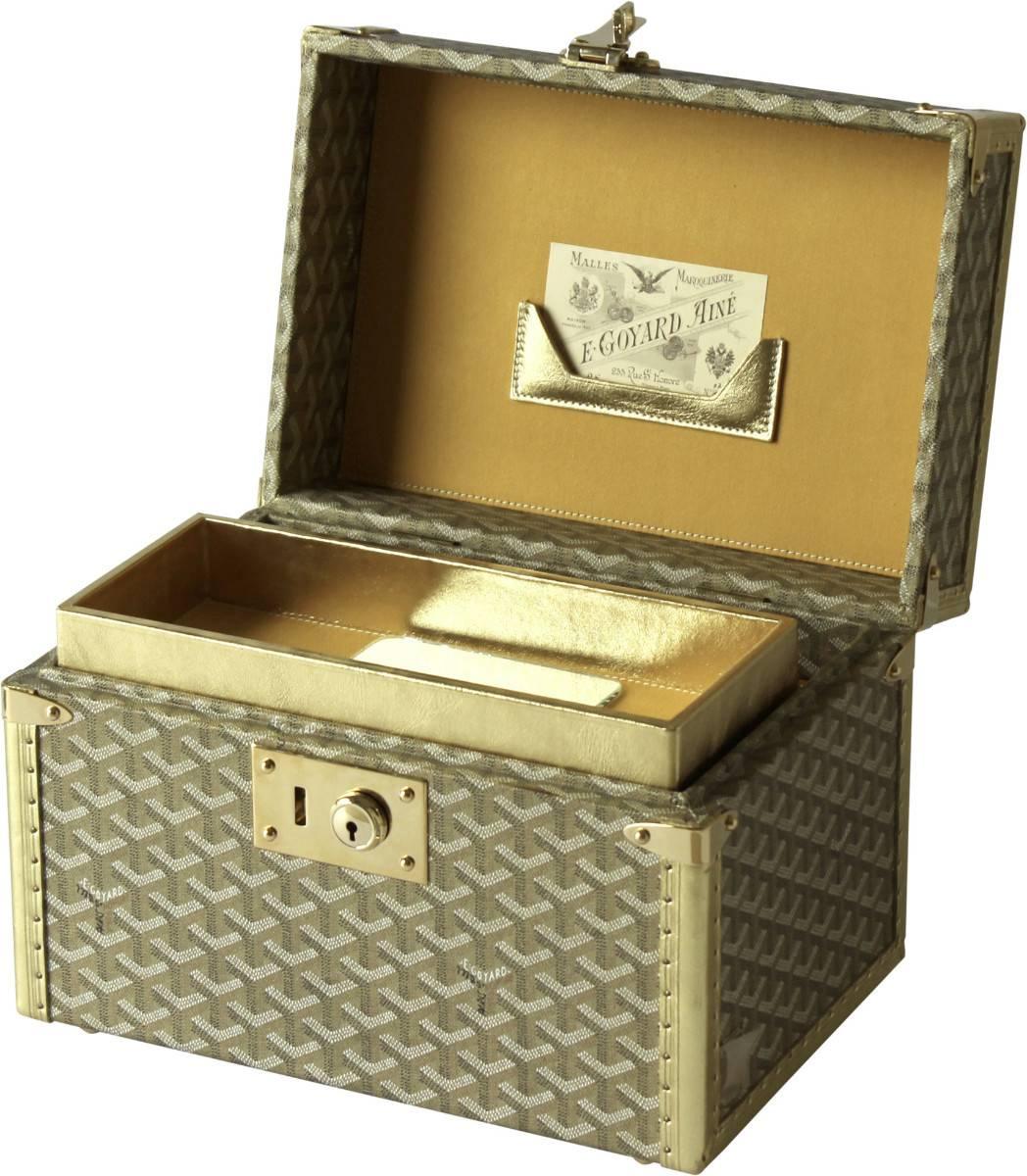 One of a kind custom-made Goyard gold vanity case adorned with brass hardware.