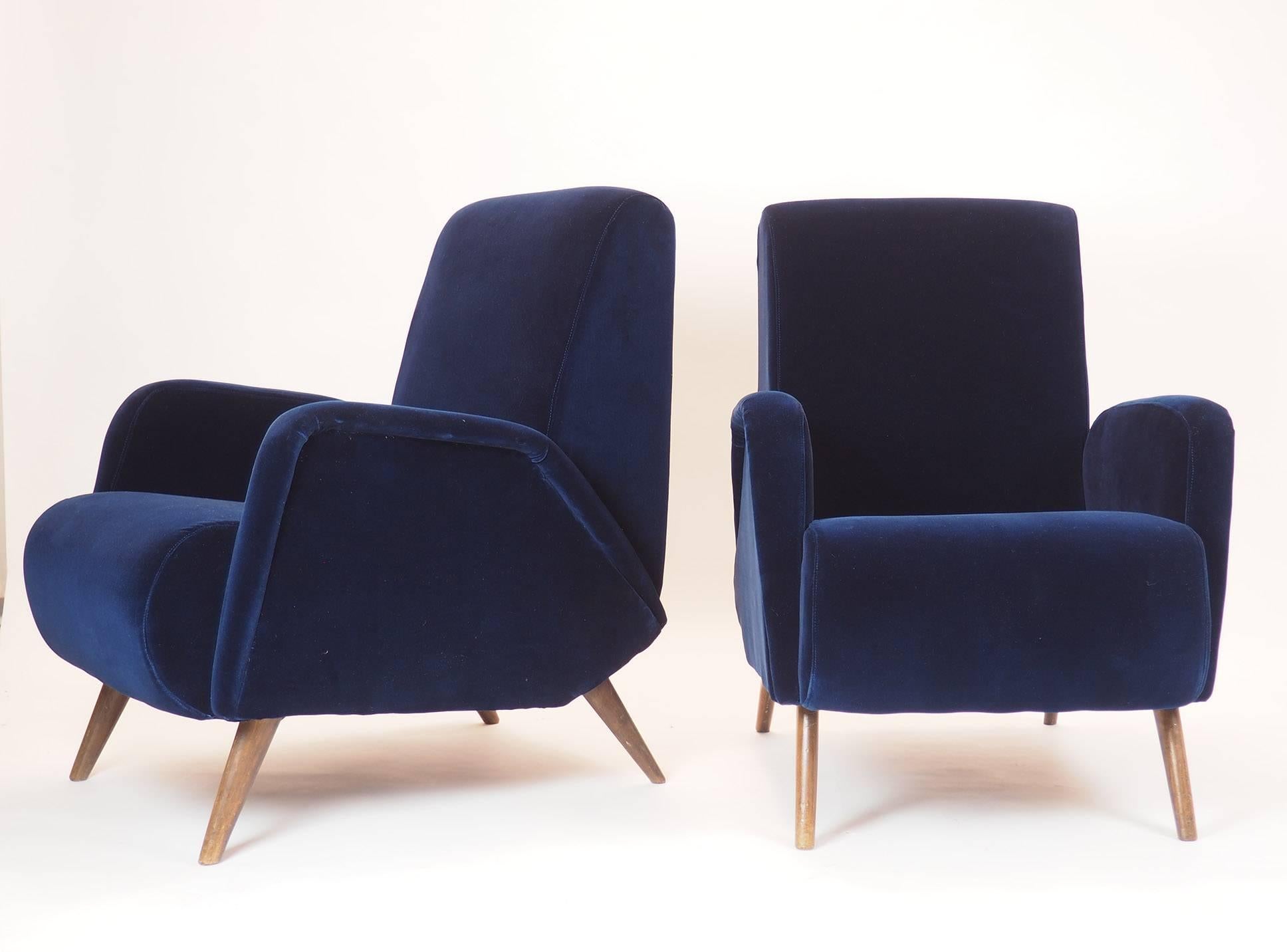Pair of Blue Velvet Armchairs Manufactured by DASSI, Milano 1950s 2
