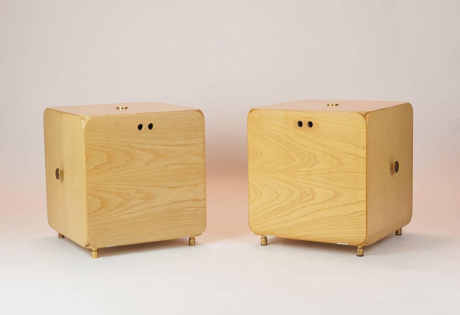 Italian pair of  cabinet or night stand designed and manufactured by Maisa in Milano. Made in ash, with tourned brass feet and handles. 
Bibliography :  Domus November, 1969.