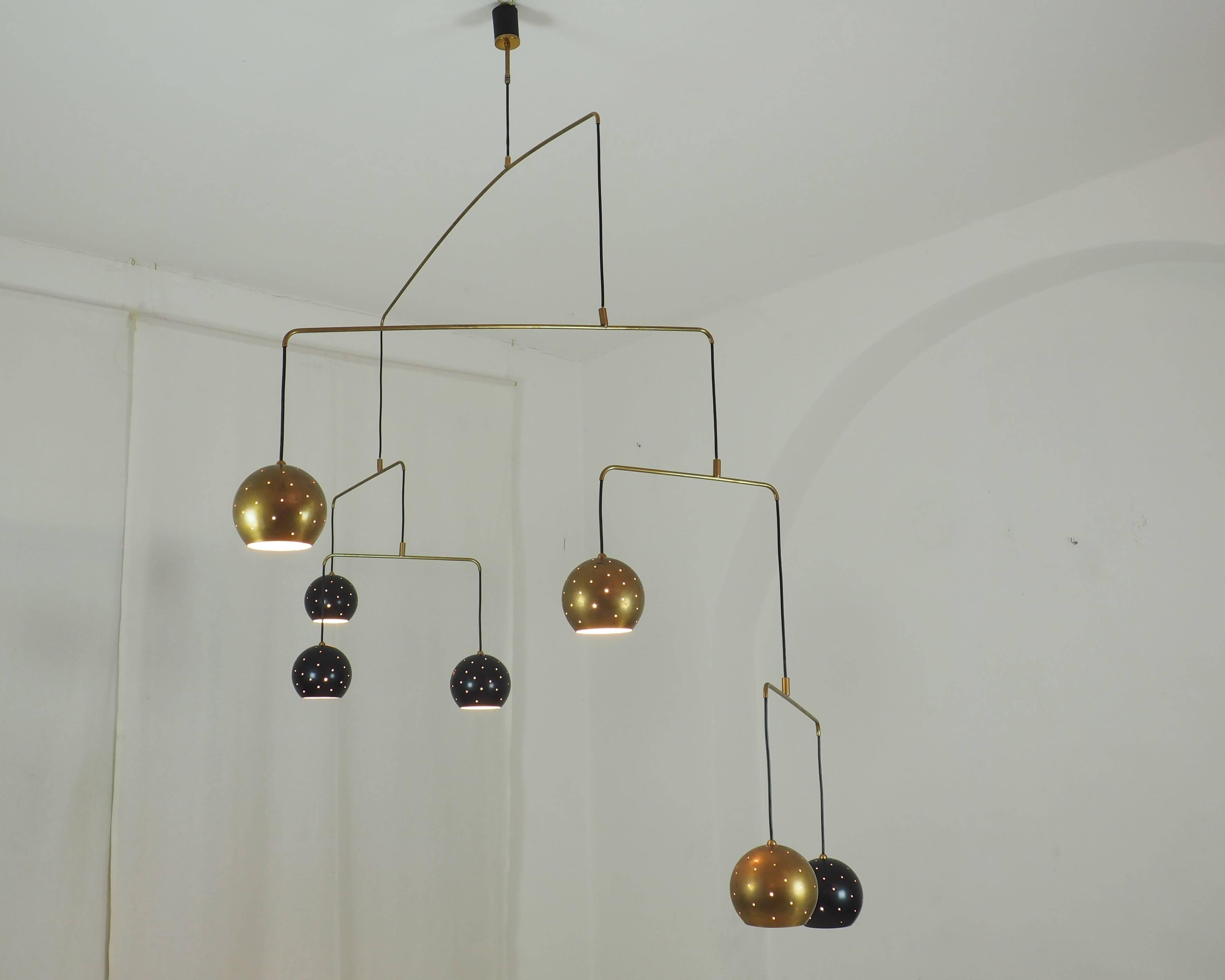 20th Century Mobile Brass and Black Spheres Chandelier 