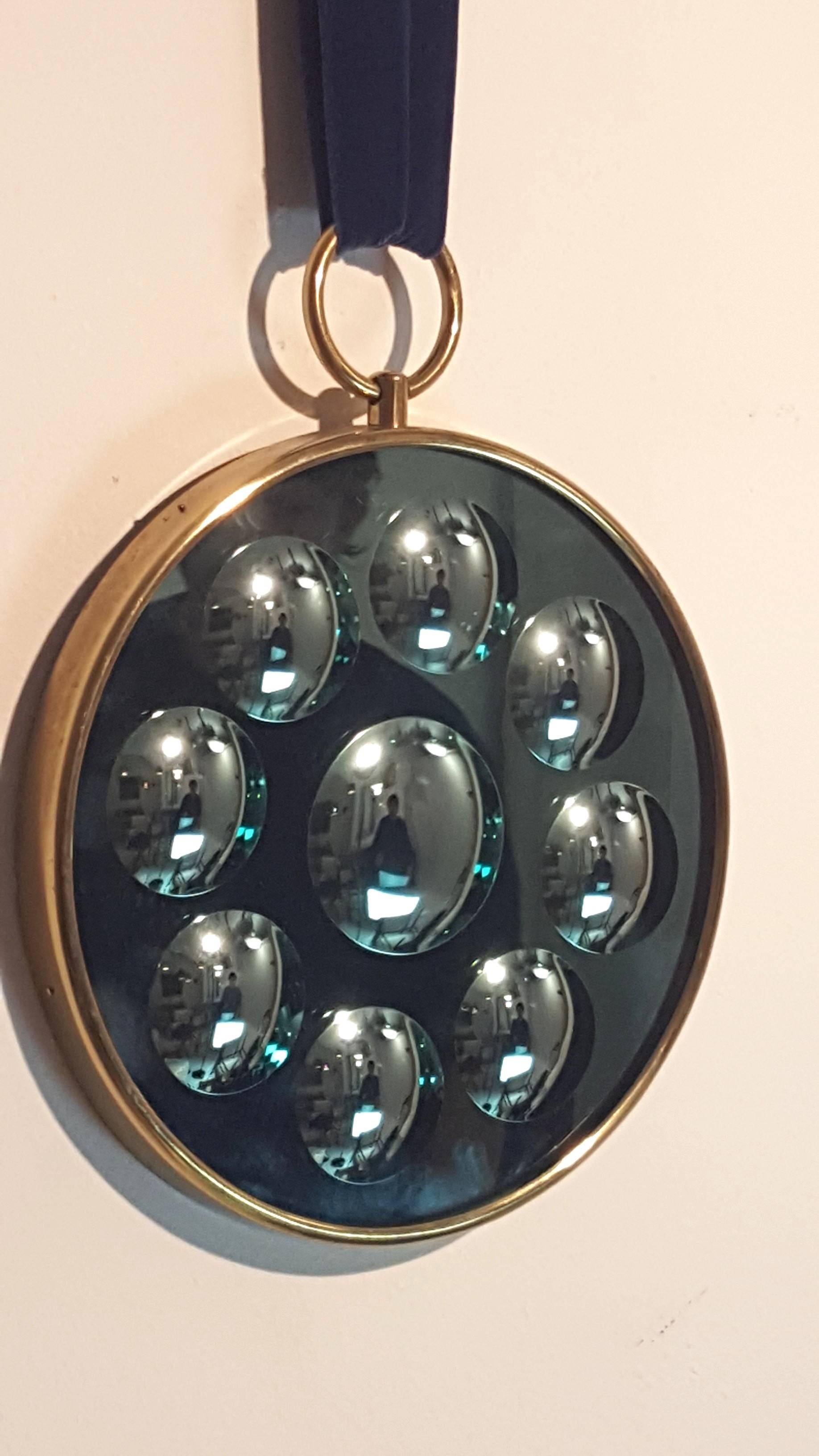 Piero Fornasetti Wall Round Optical Mirror in Brass with Velvet Band, Italy In Good Condition In Milano, IT