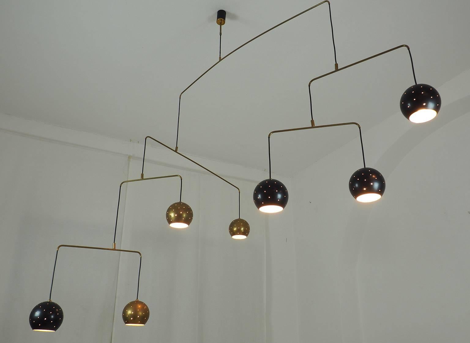 Mobile Brass and Black Spheres Chandelier 
