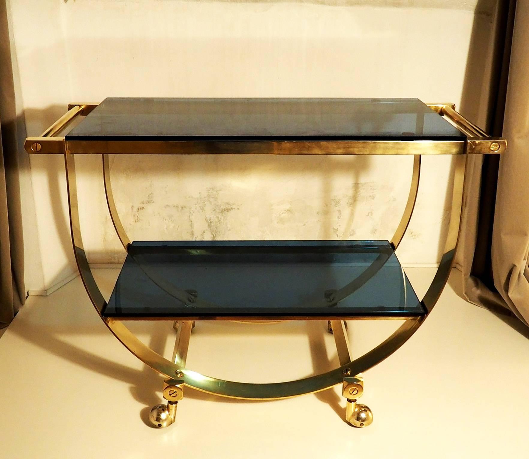 Glass Italian Unique and Glamorous Table Cart in Brass and Blue Crystal, Milano 1960s