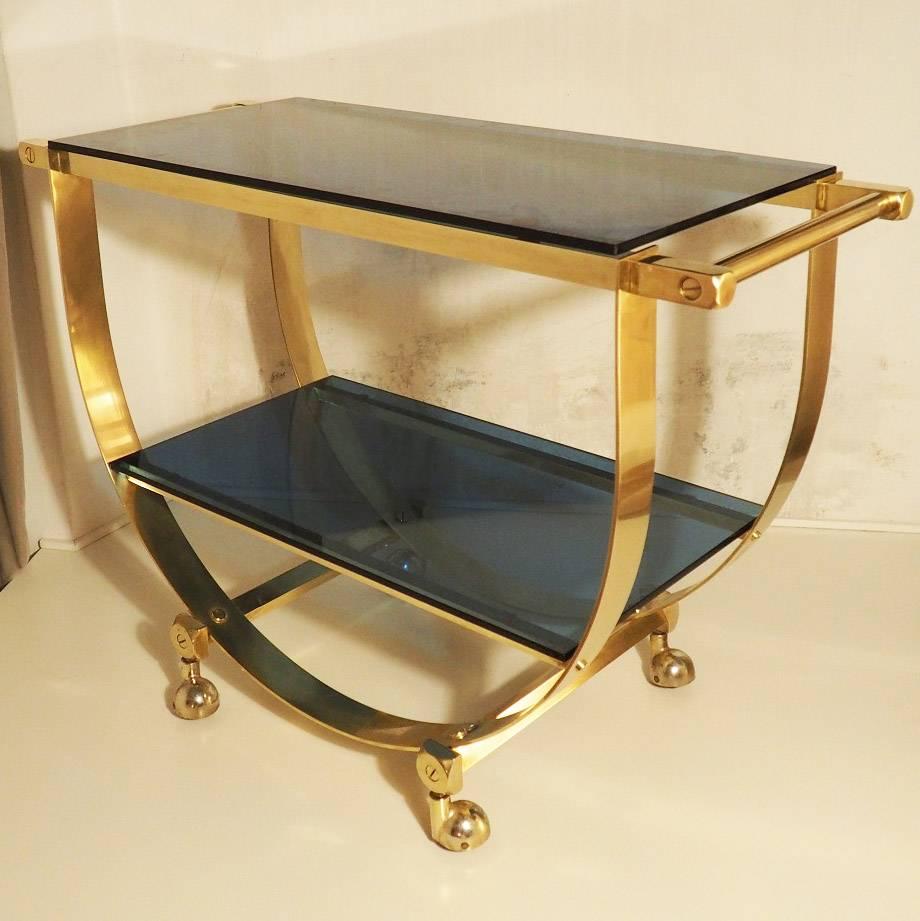Italian Unique and Glamorous Table Cart in Brass and Blue Crystal, Milano 1960s 5