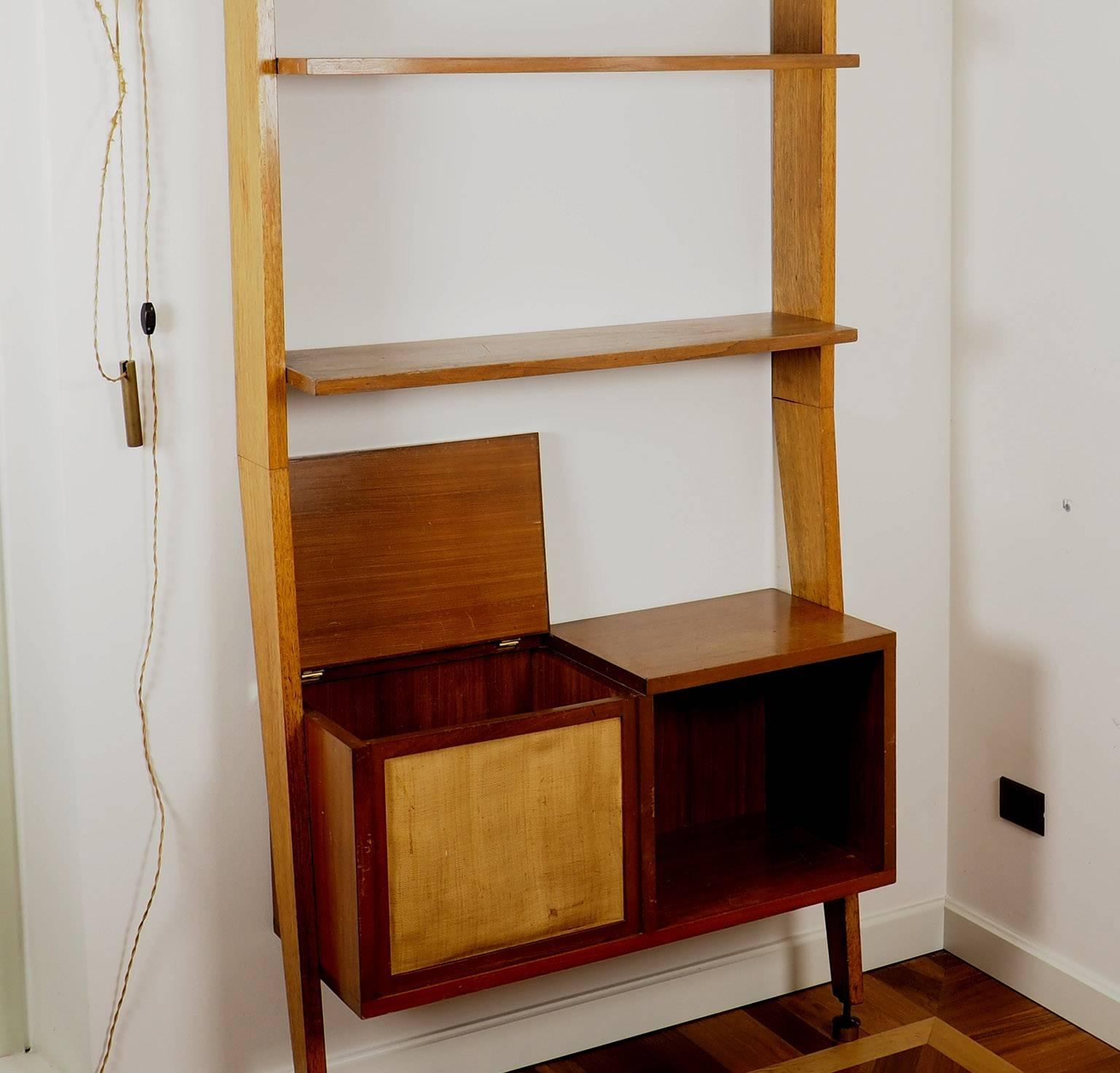 Mid-20th Century Midcentury Wood and Brass Bookcase designed  by Augusto Romano, Italy 1950s