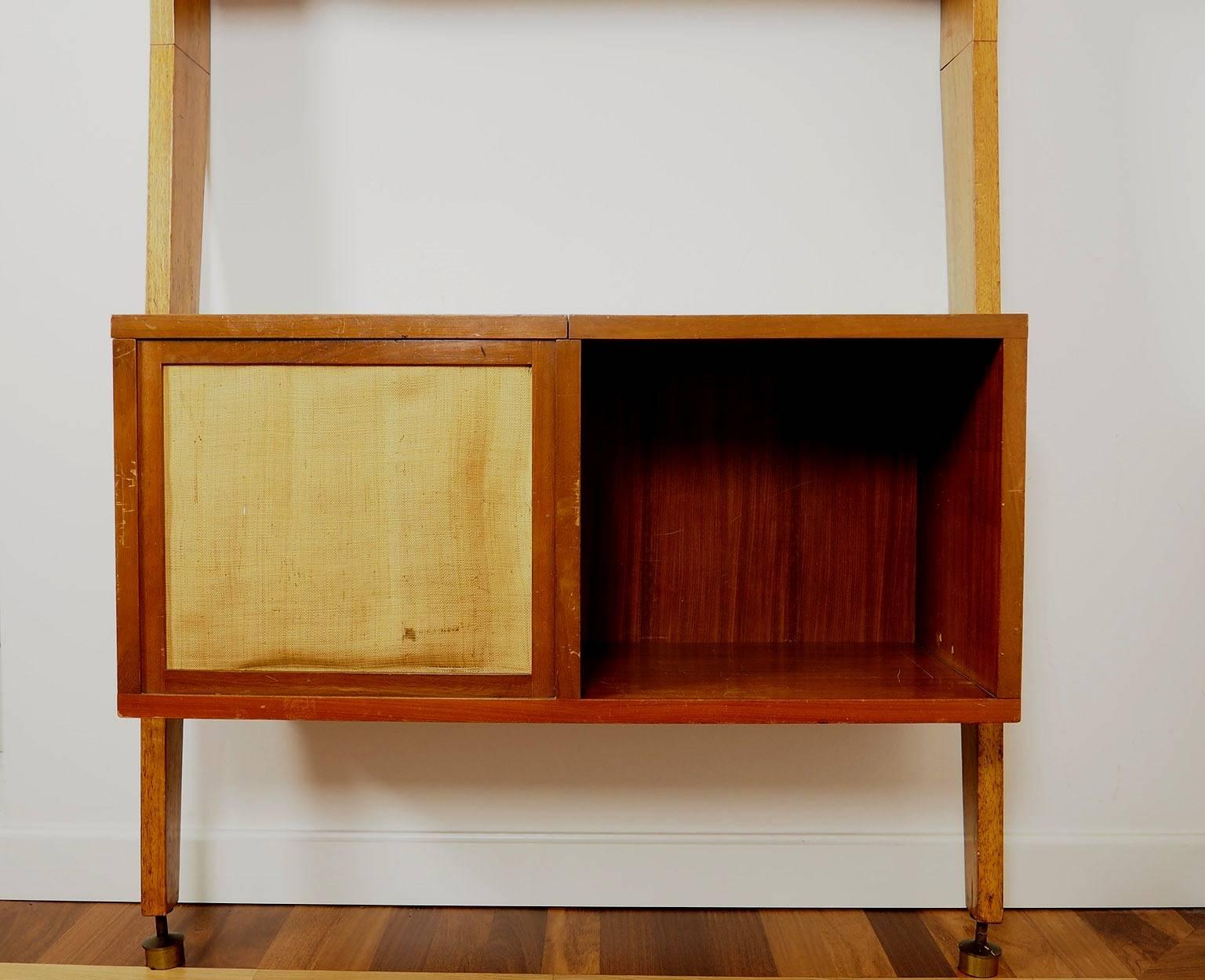 Midcentury Wood and Brass Bookcase designed  by Augusto Romano, Italy 1950s 1