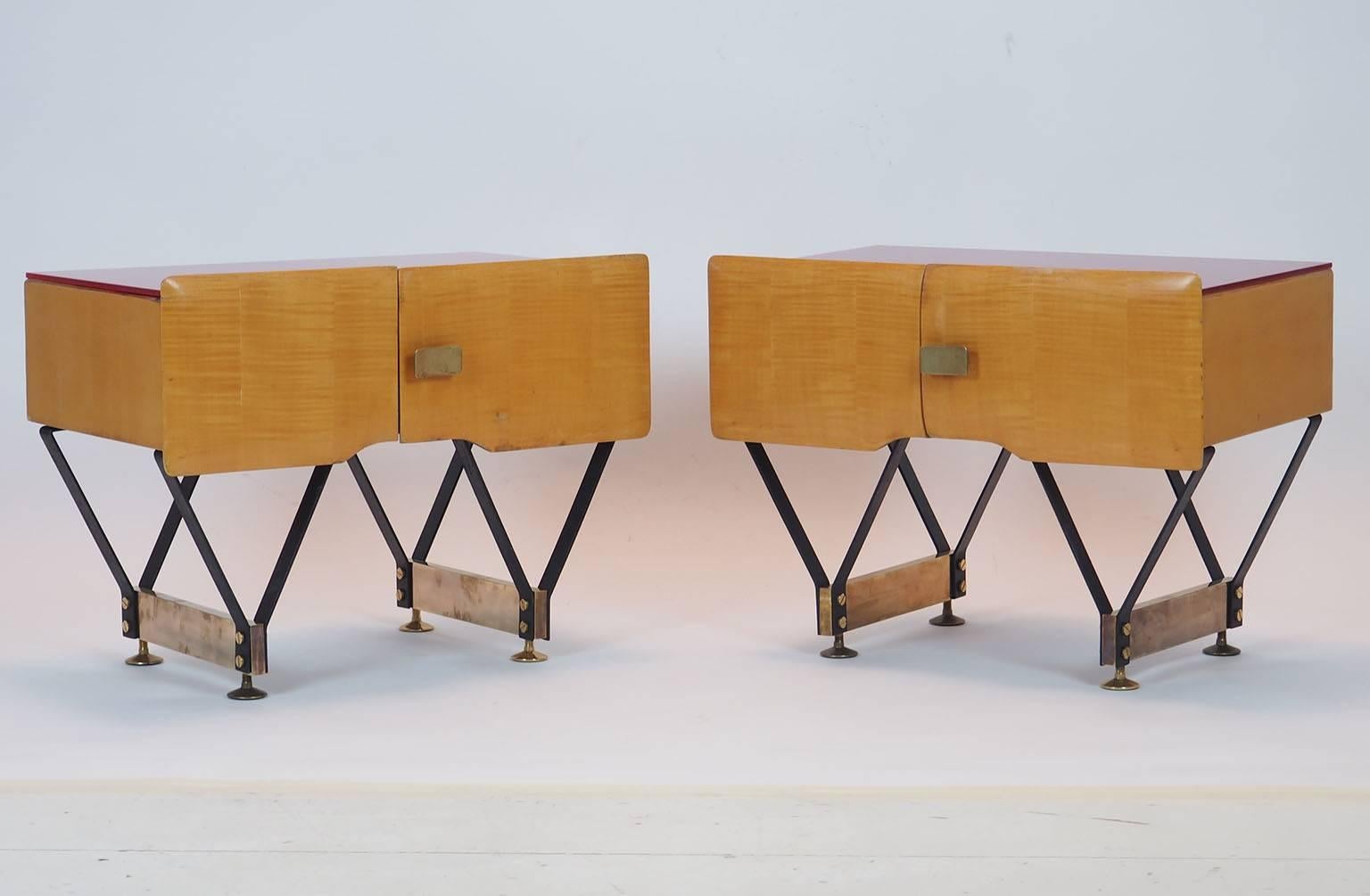 Mid-Century Modern Italian Pair of Wood Bedside tables  Nightstands attribuited to Dassi Milano1950