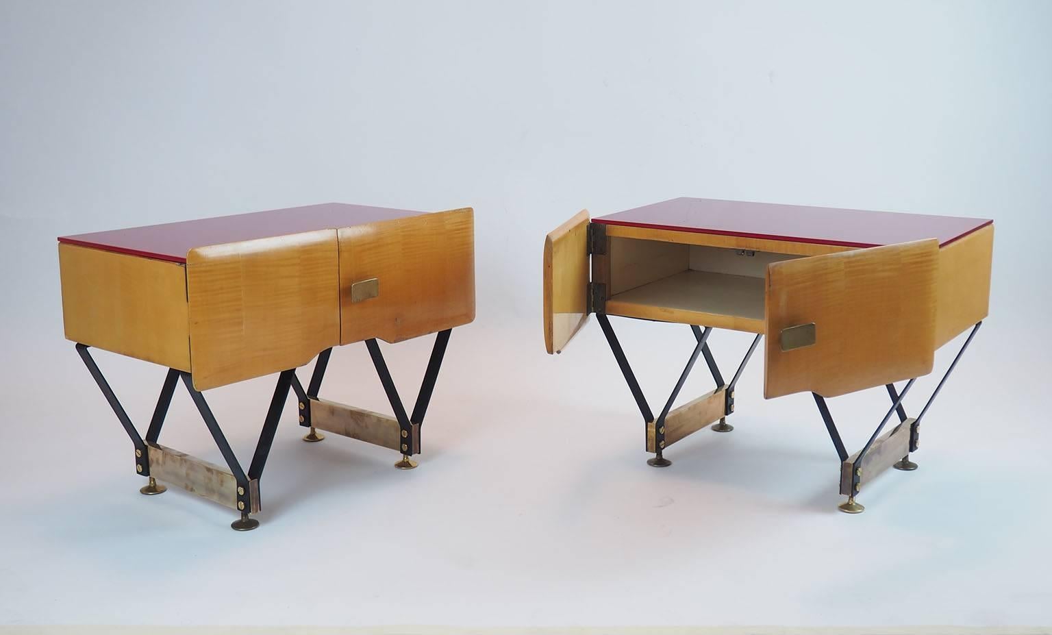 Iron Italian Pair of Wood Bedside tables  Nightstands attribuited to Dassi Milano1950