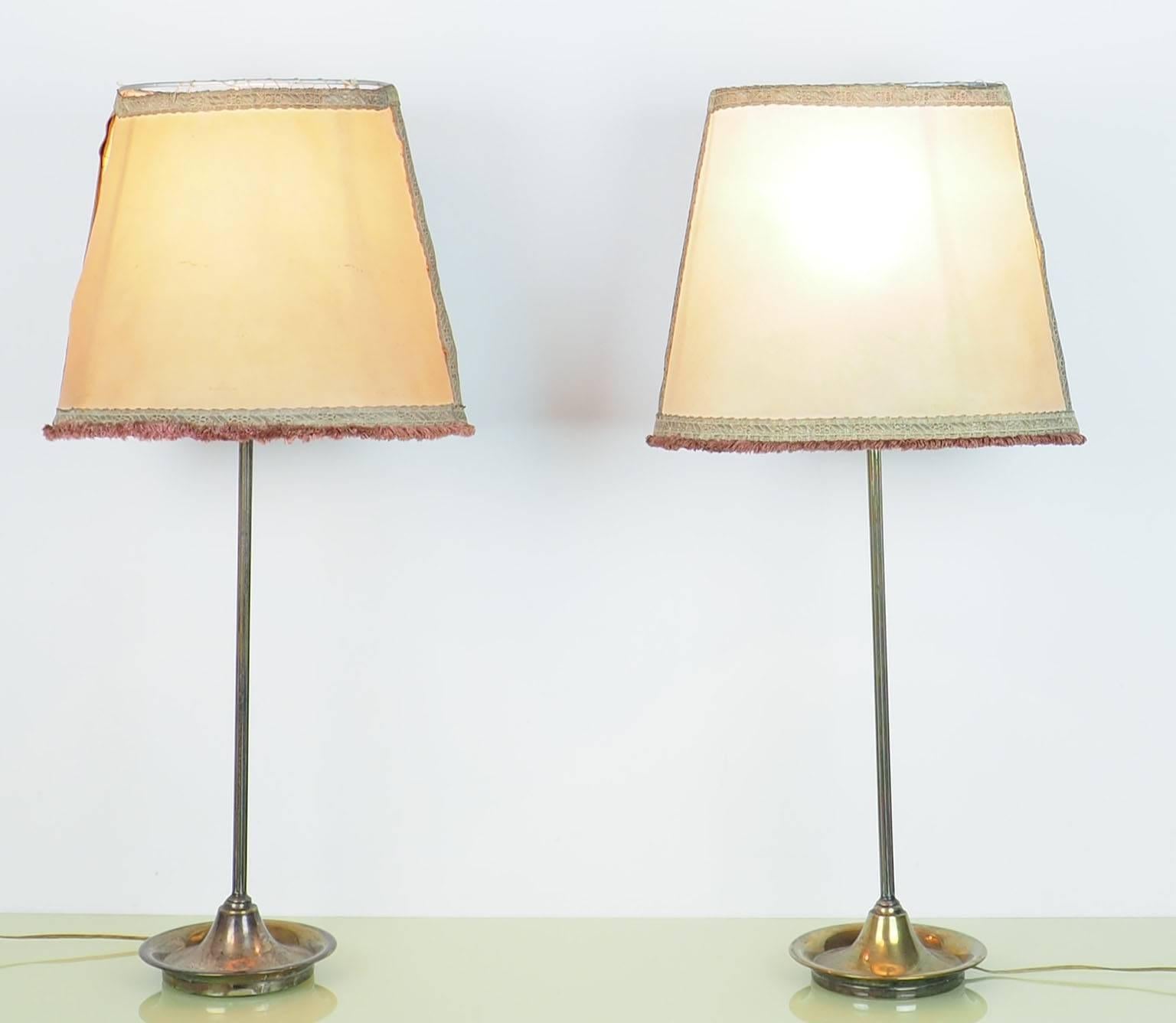 Pair of Large Table Lamps Brass with Bifronte lampshades by Chiarini Milano 1950 2