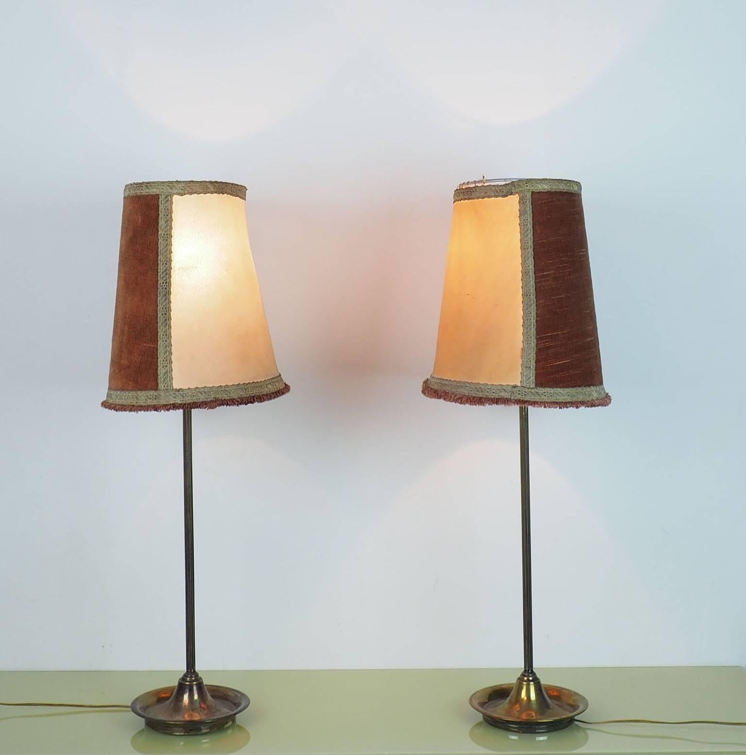 Mid-20th Century Pair of Large Table Lamps Brass with Bifronte lampshades by Chiarini Milano 1950