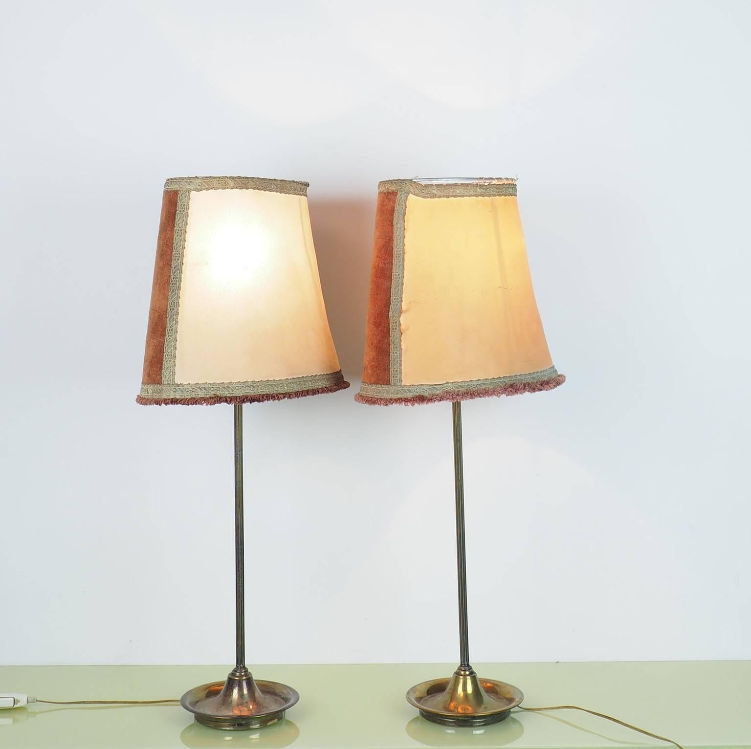 Italian Pair of Large Table Lamps Brass with Bifronte lampshades by Chiarini Milano 1950