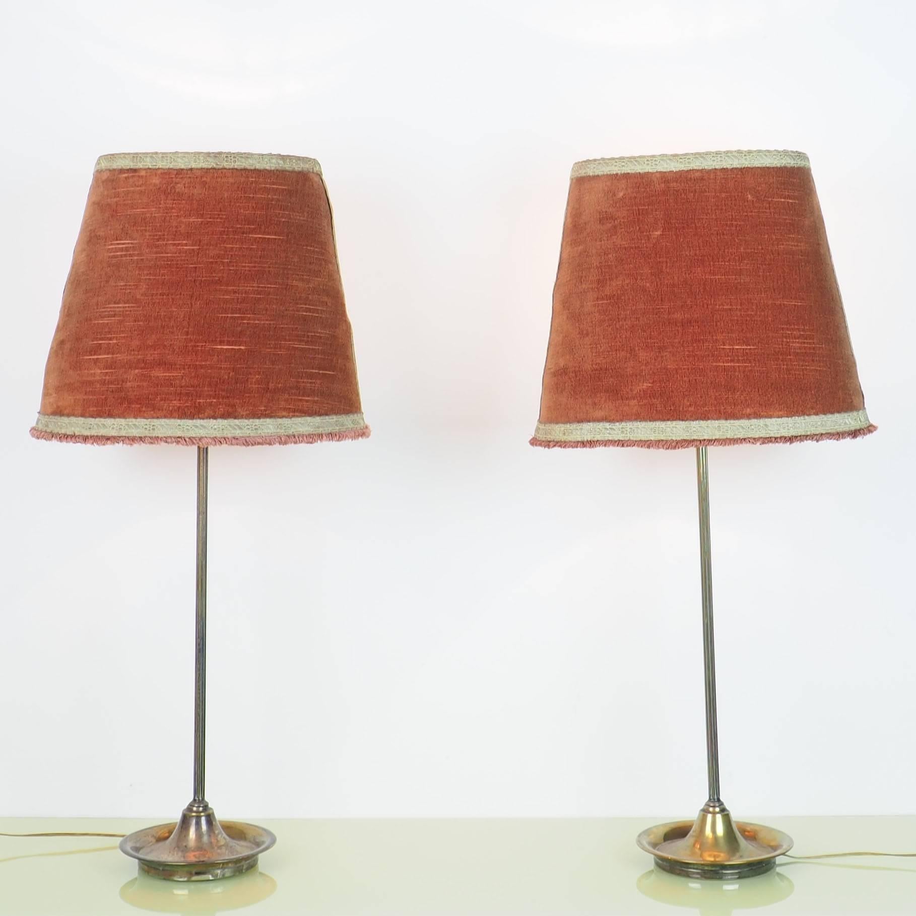 Pair of Large Table Lamps Brass with Bifronte lampshades by Chiarini Milano 1950 3