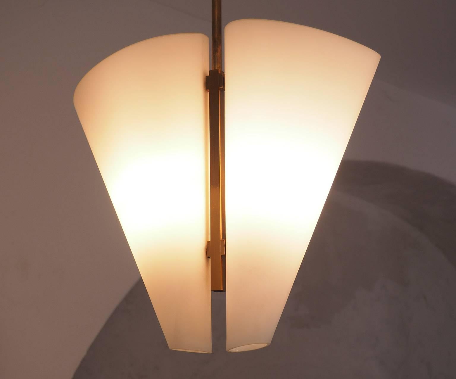 Mid-Century Modern Fontana Arte Brass and Glass Chandelier with two opaline conic light  Italy 1950