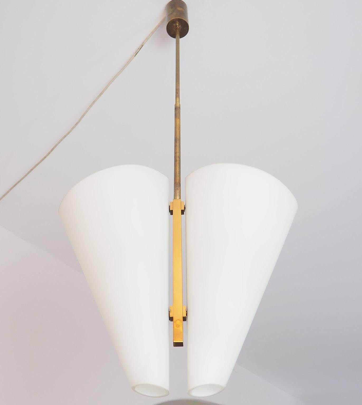 Fontana Arte Brass and Glass Chandelier with two opaline conic light  Italy 1950 3
