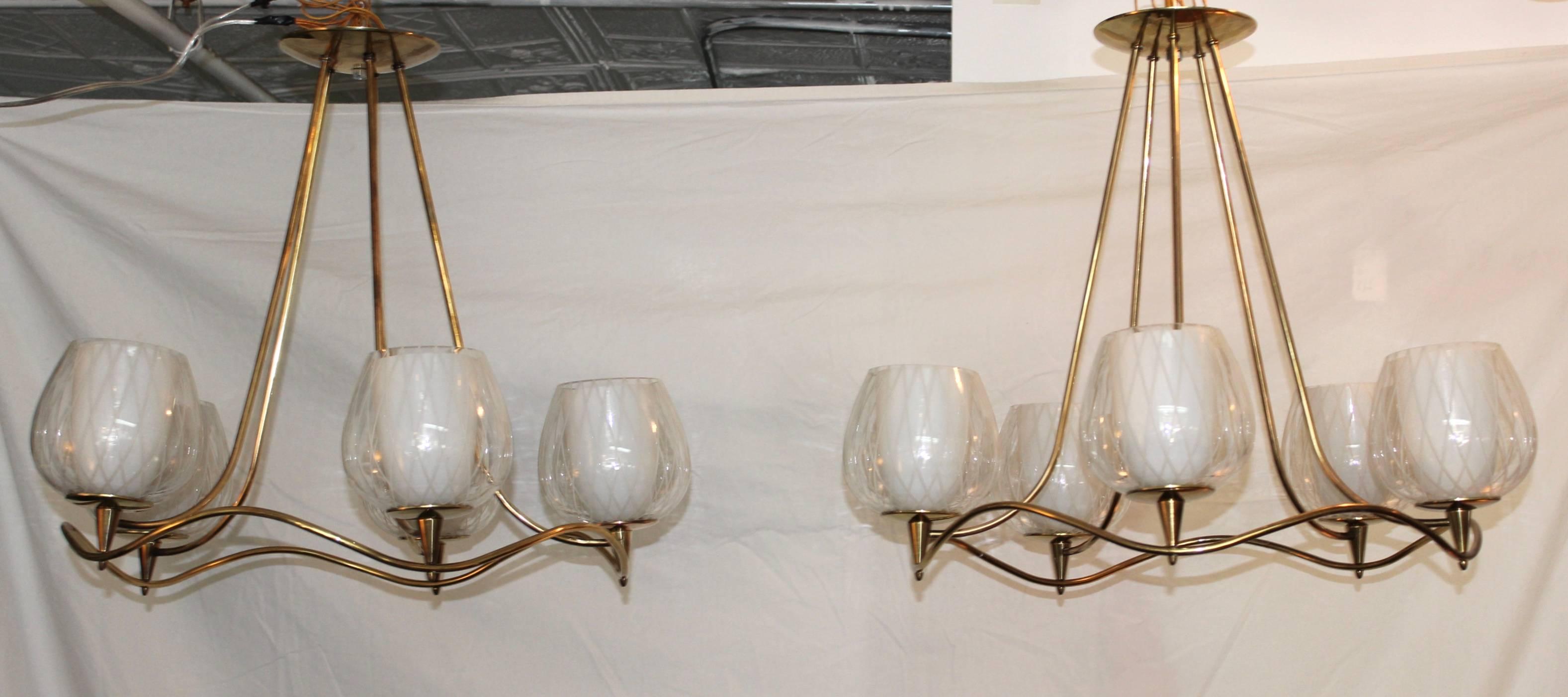 Mid-Century Modern 1950s Modern Brass and Glass Chandeliers by Lightolier