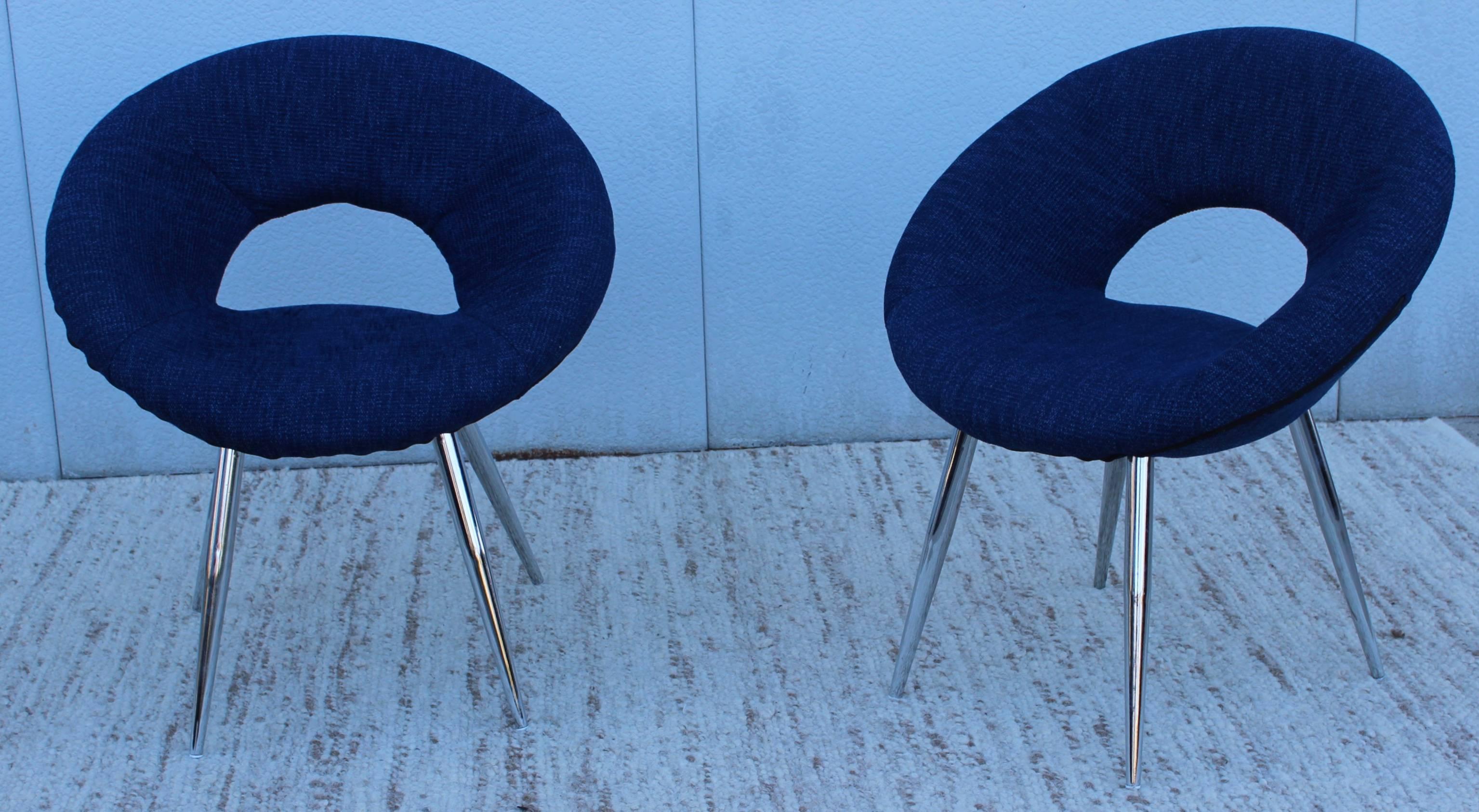 1970s French saucer chairs with chrome legs, newly upholstered.