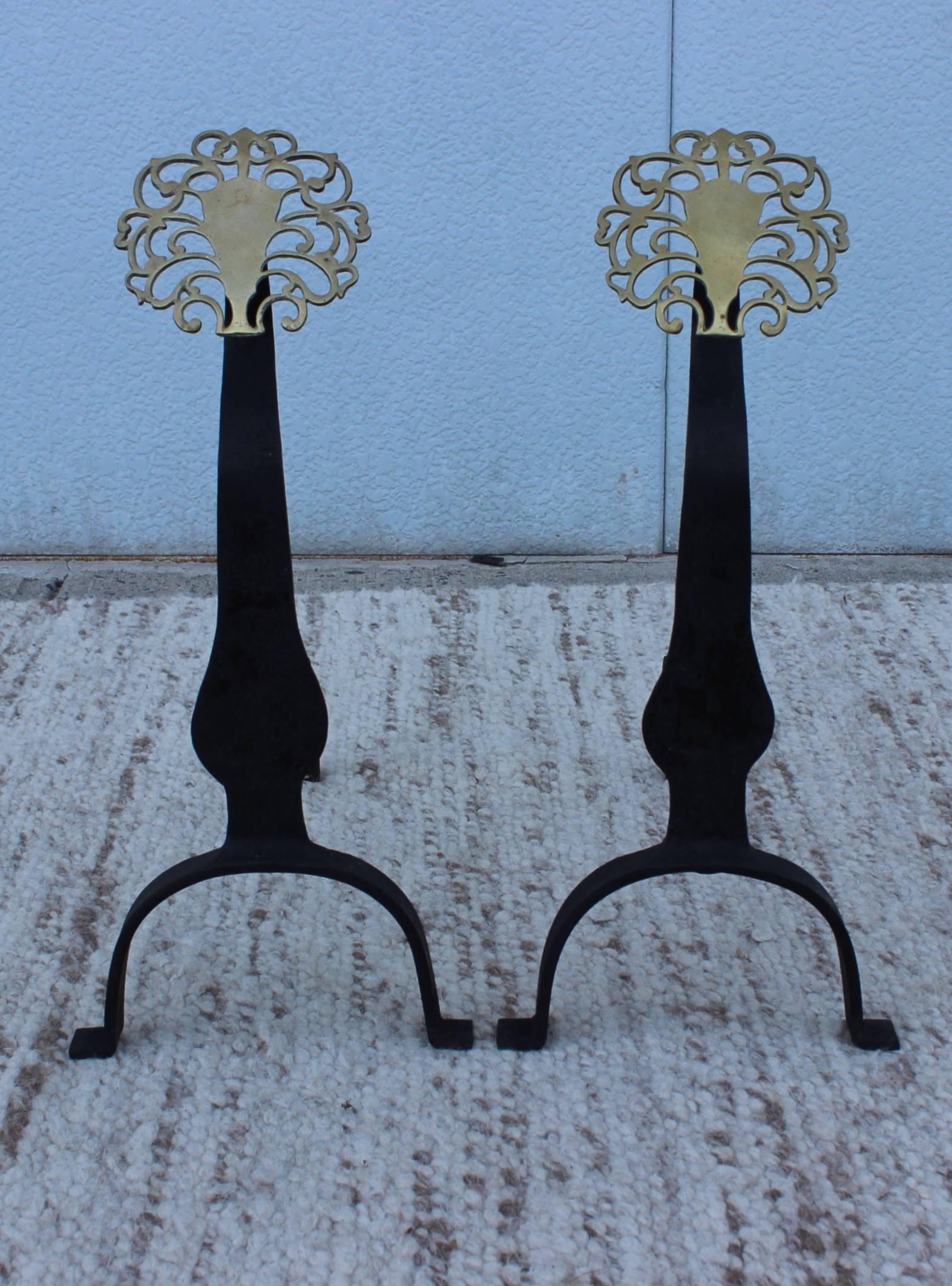 1940s English brass medallion andirons.  