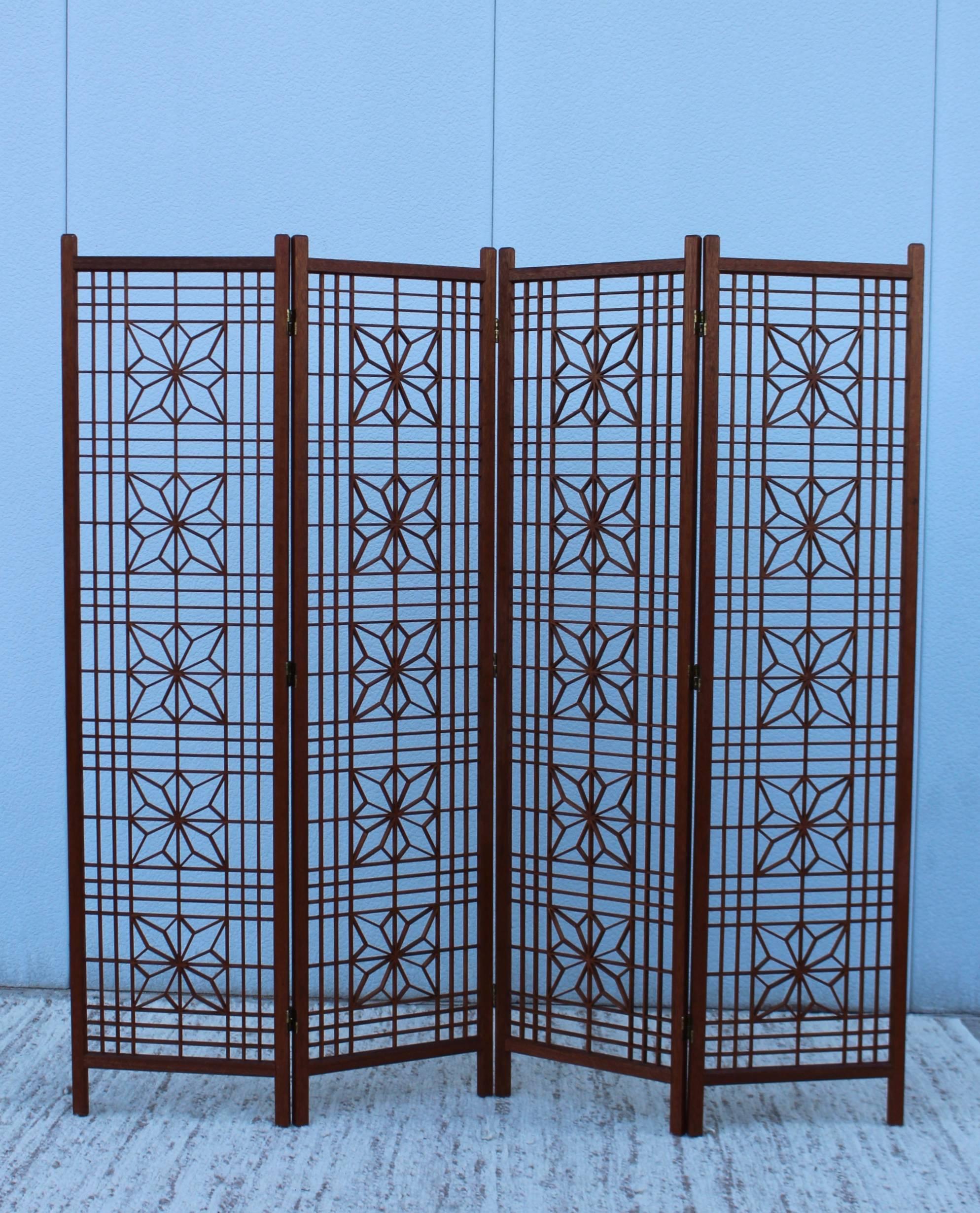1970s solid teak modern four panels folding screen.