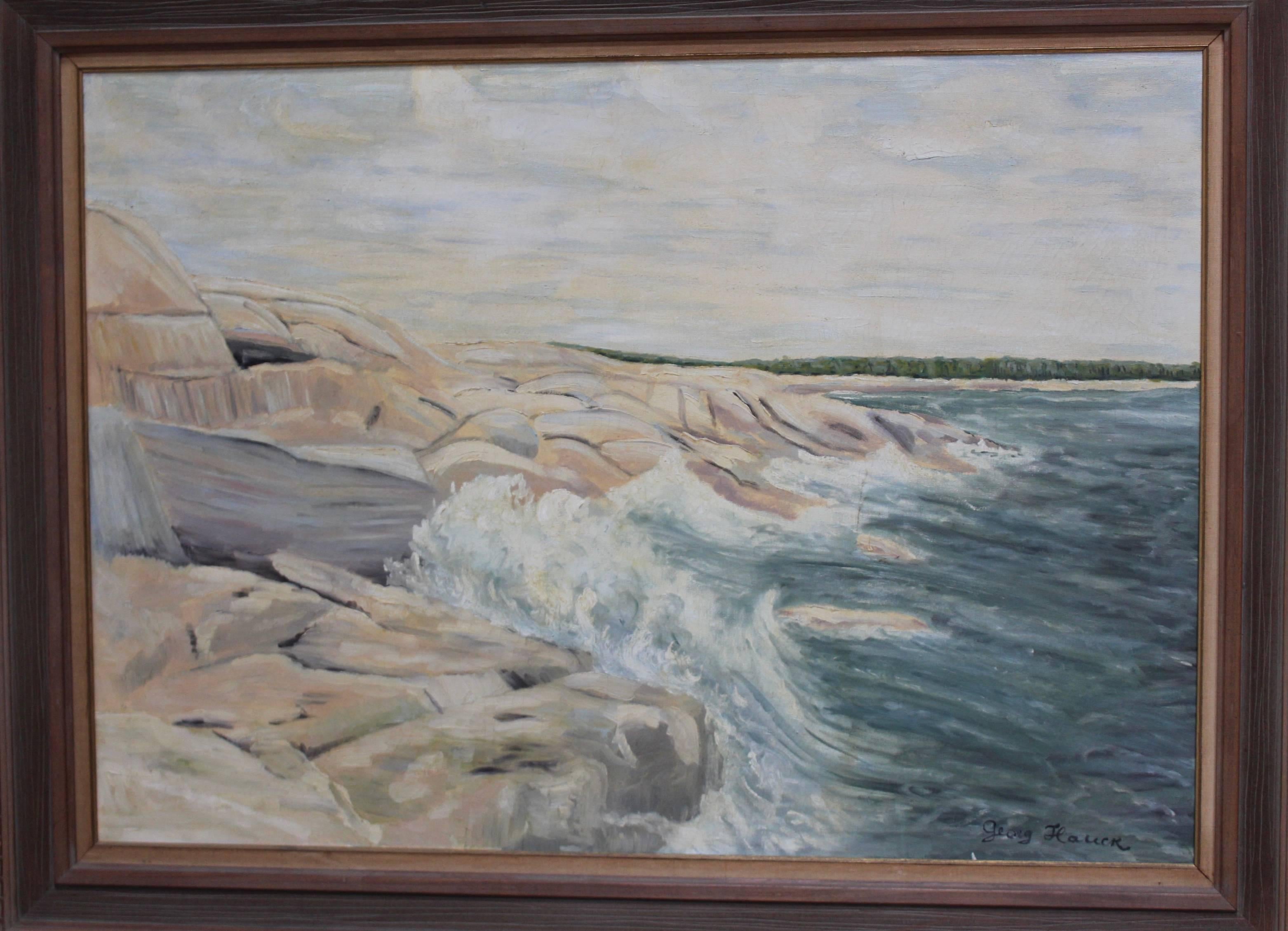 Grande peinture à l'huile suédoise des années 1950 représentant un paysage marin.