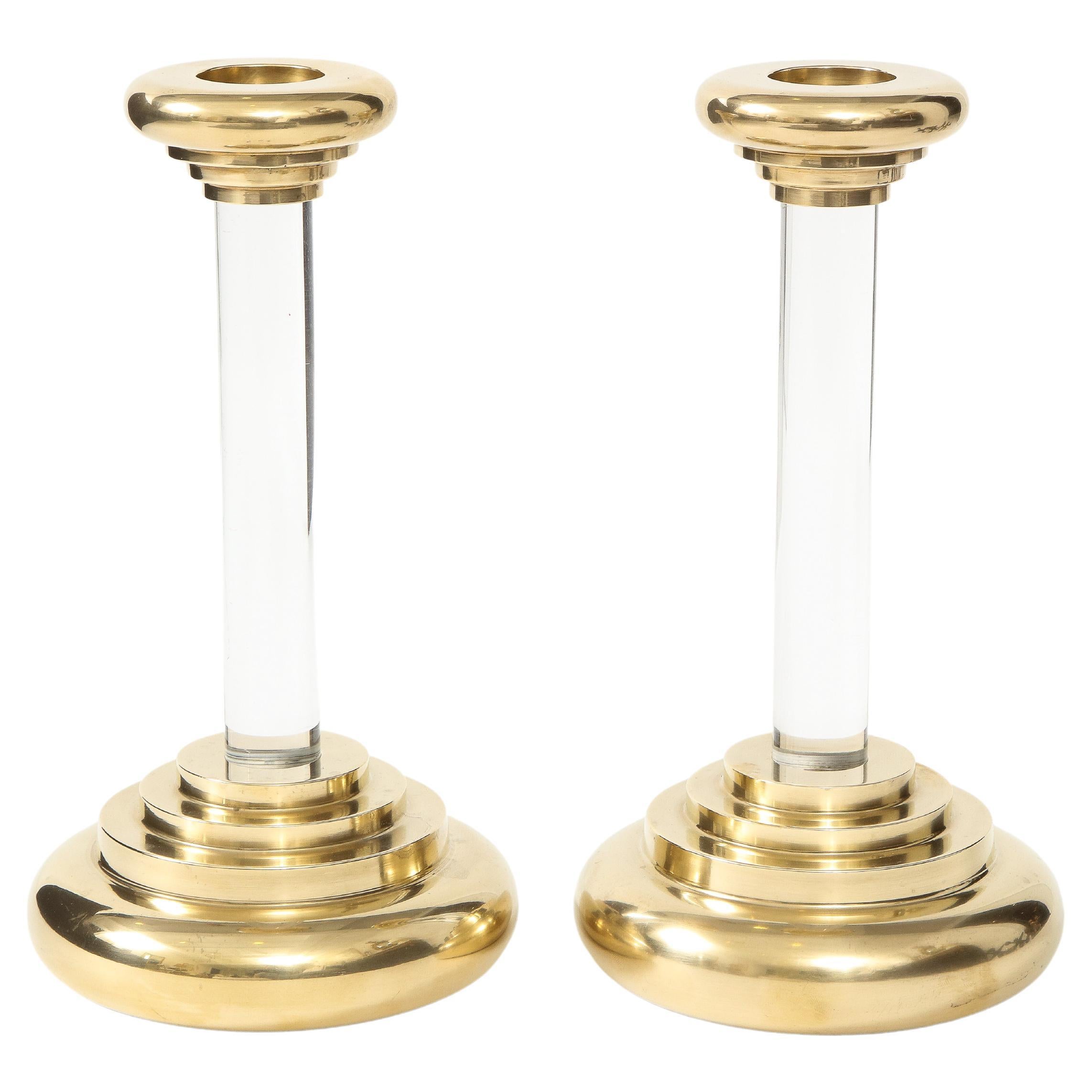 1980s Brass and Lucite Candle Holders For Sale