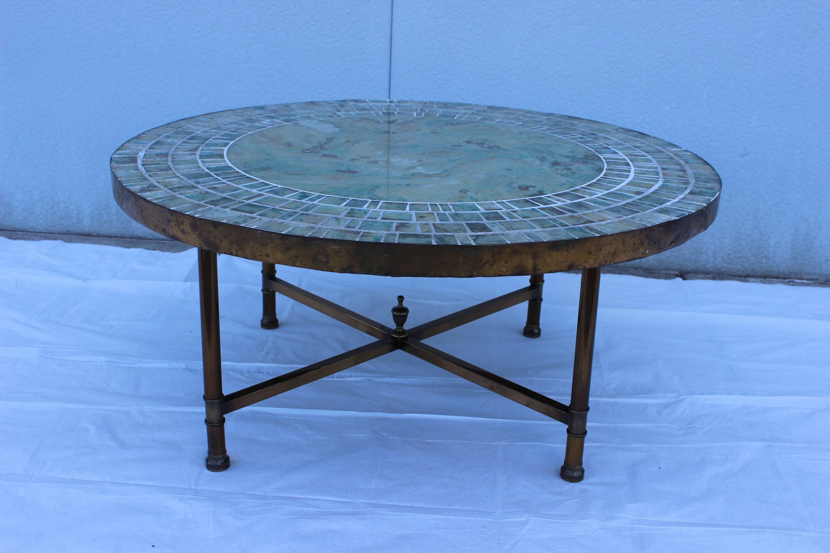1950s Italian mosaic glass top with brass base coffee table.