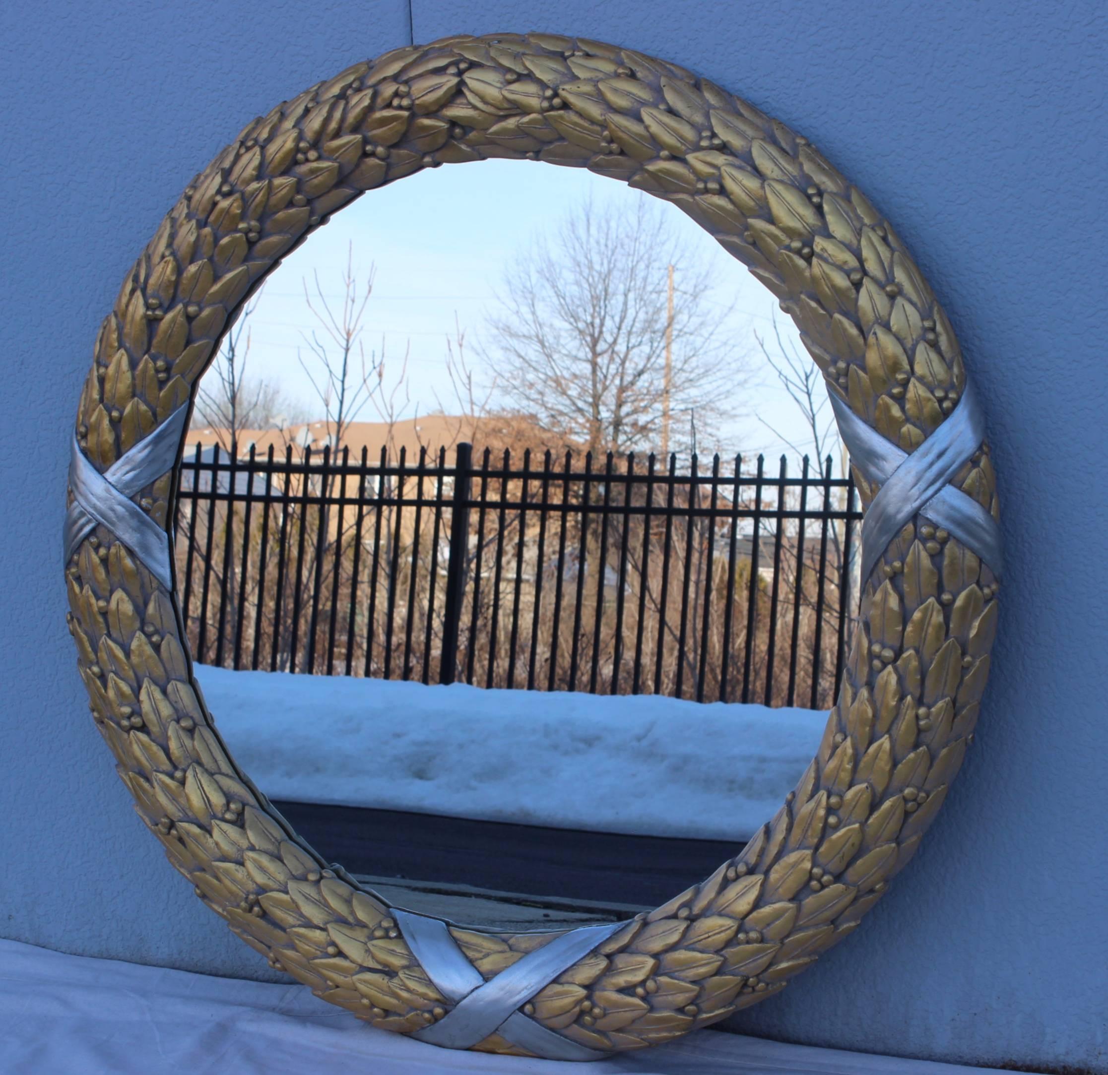 20th Century Large Convex Gold and Silver Leaf Mirror