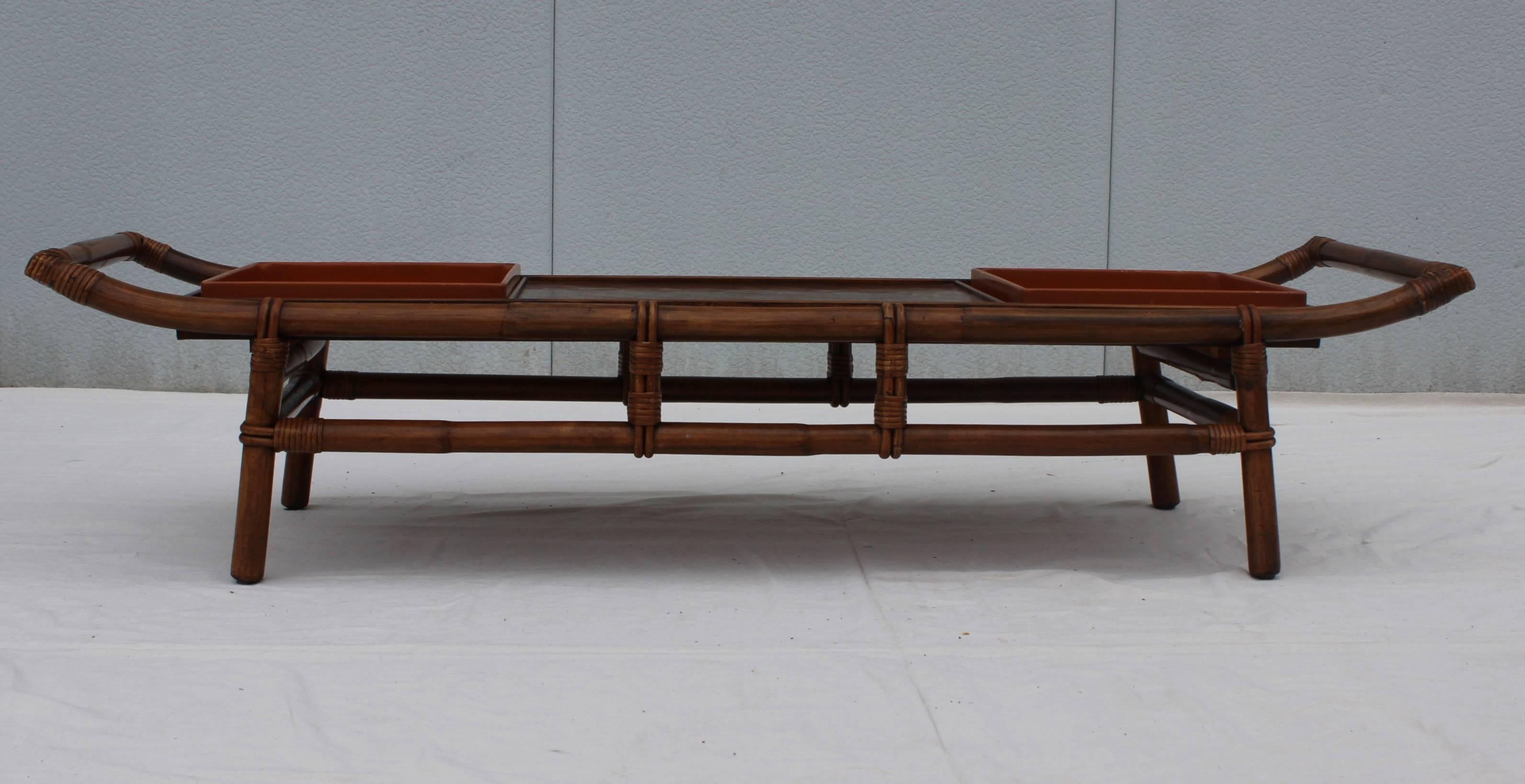1950s John Wisner designed for Ficks Reed Pagoda bamboo and rattan coffee table, with removable trays.