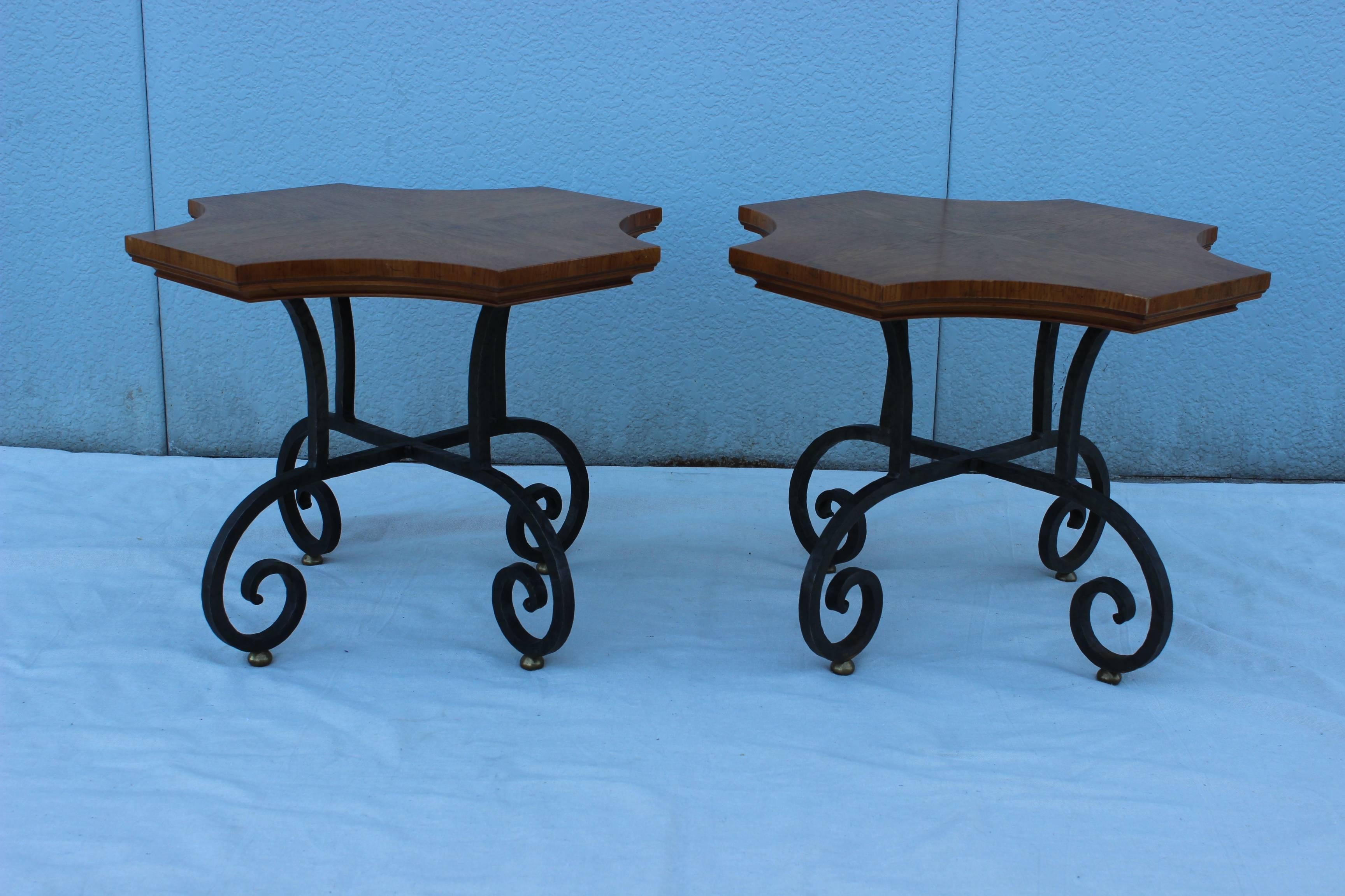 1960s heritage walnut top with solid iron base and brass feet side tables.