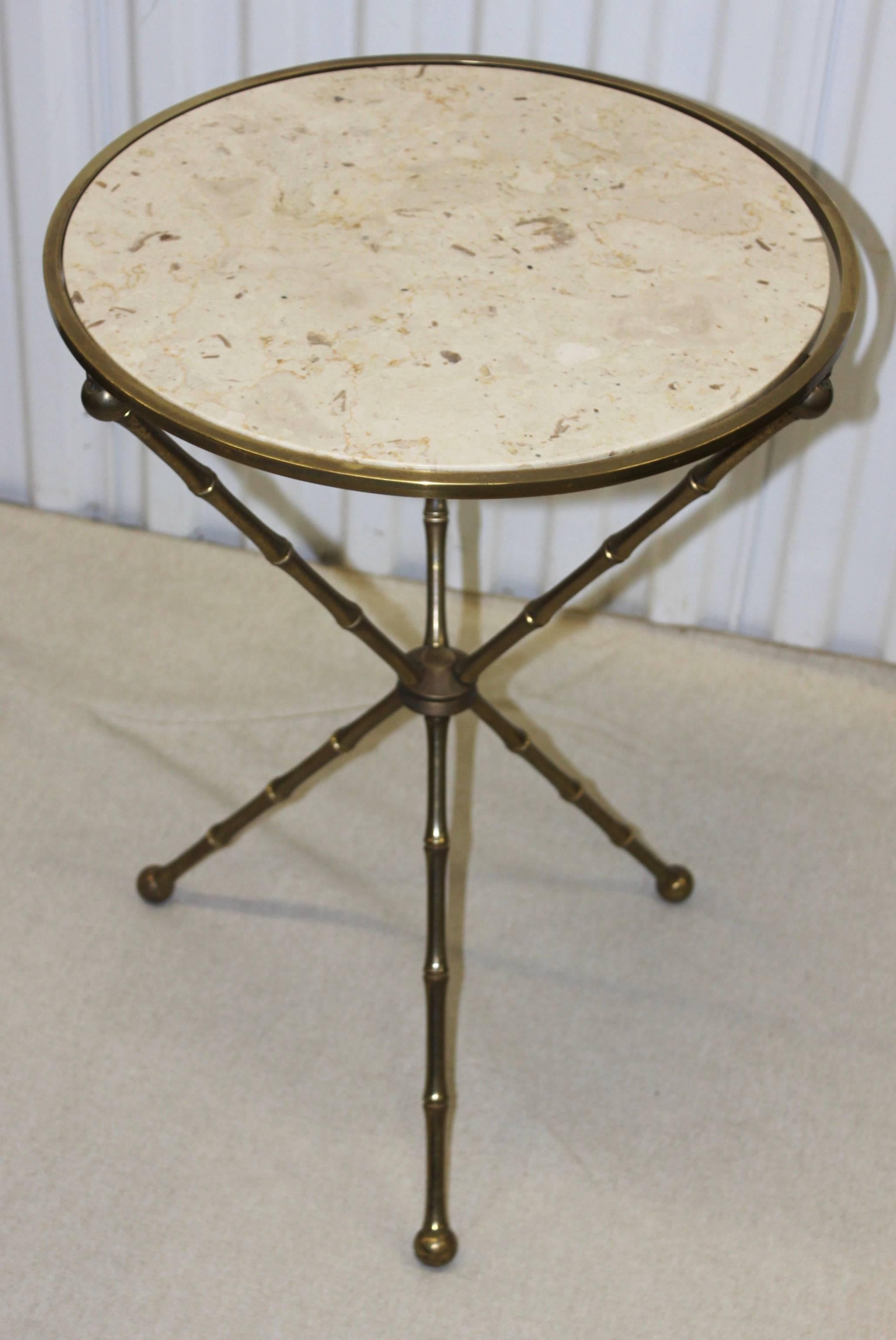 1960s Italian Faux Bamboo Brass and Marble Side Table 1