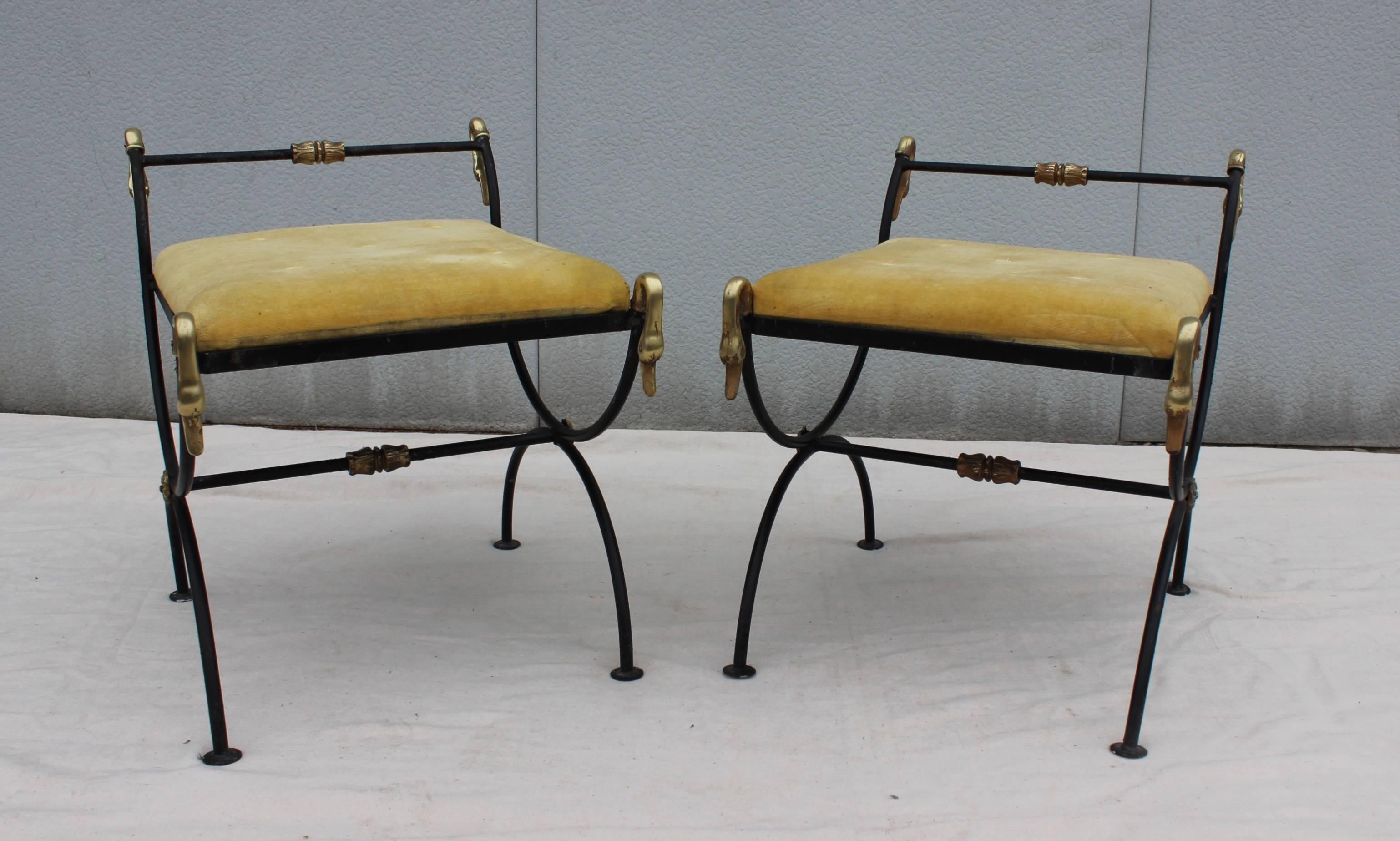 Neoclassical 1940s French Brass Swan and Iron Ottomans