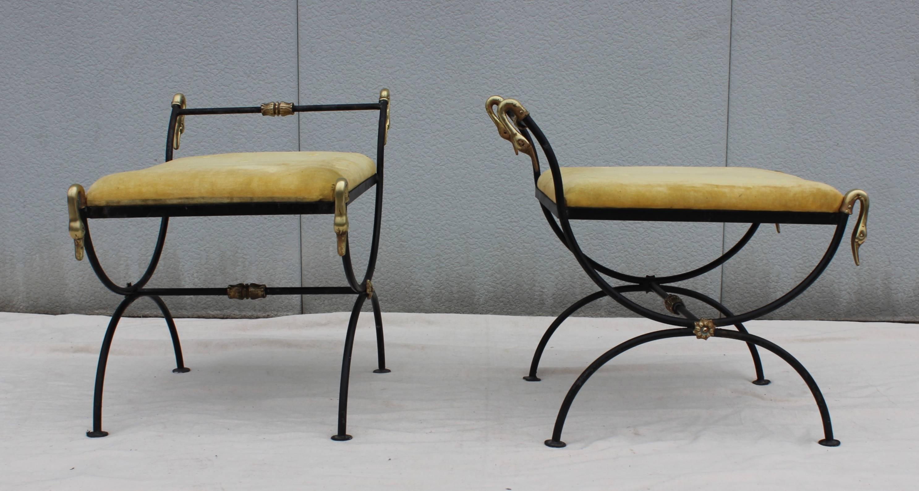 1940s French Brass Swan and Iron Ottomans In Good Condition In New York, NY