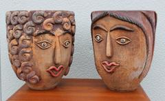 1960s Mexican Terracotta Face Planters