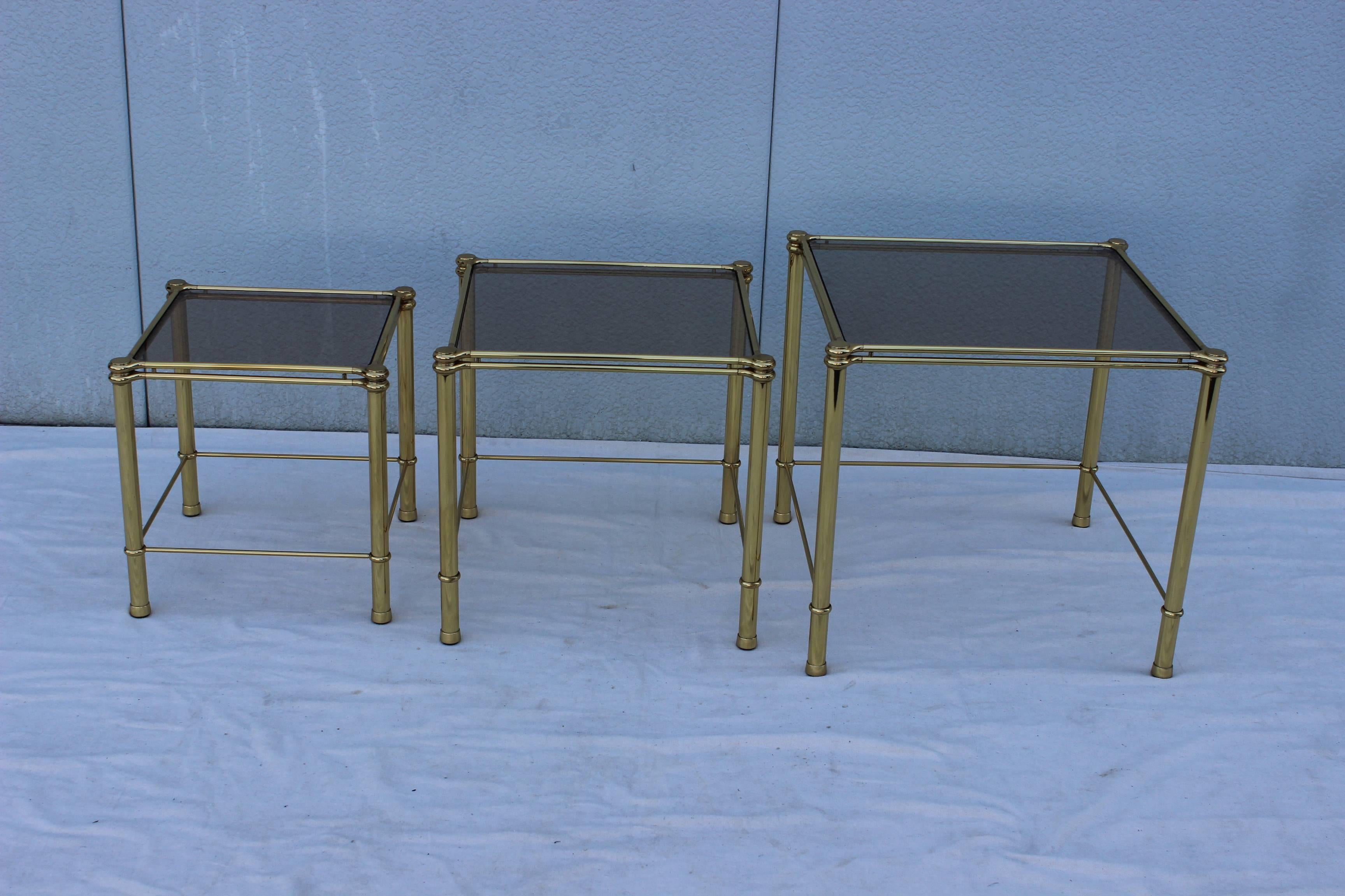 20th Century 1960's Mid-Century Modern Italian Brass And Glass Nesting Tables For Sale